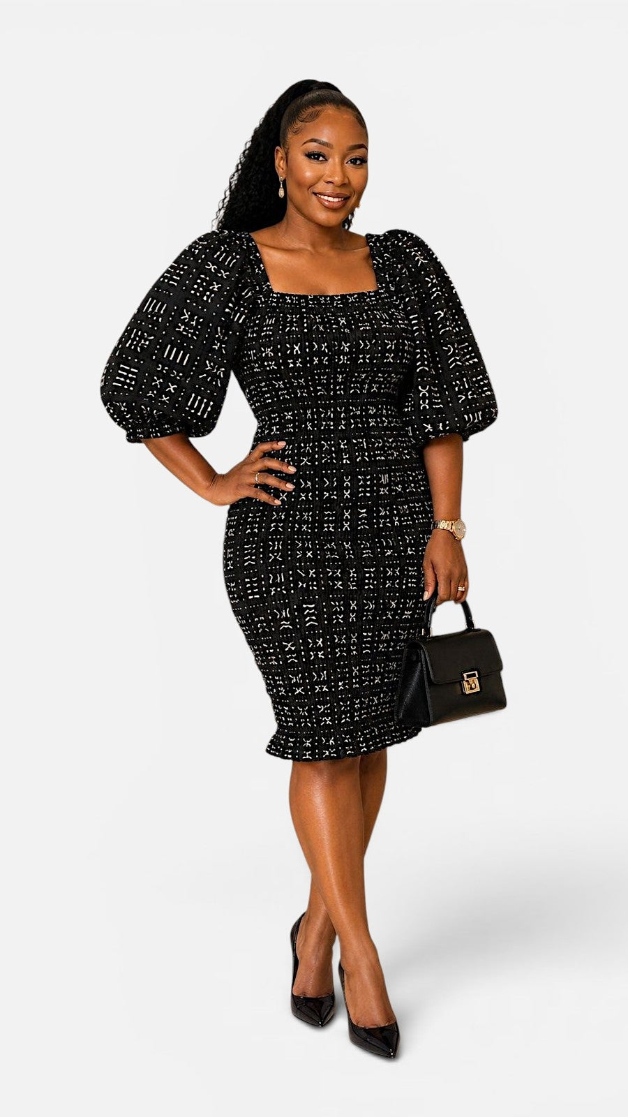 Fitted Smock Mid length Dress/-KVZ35 Black