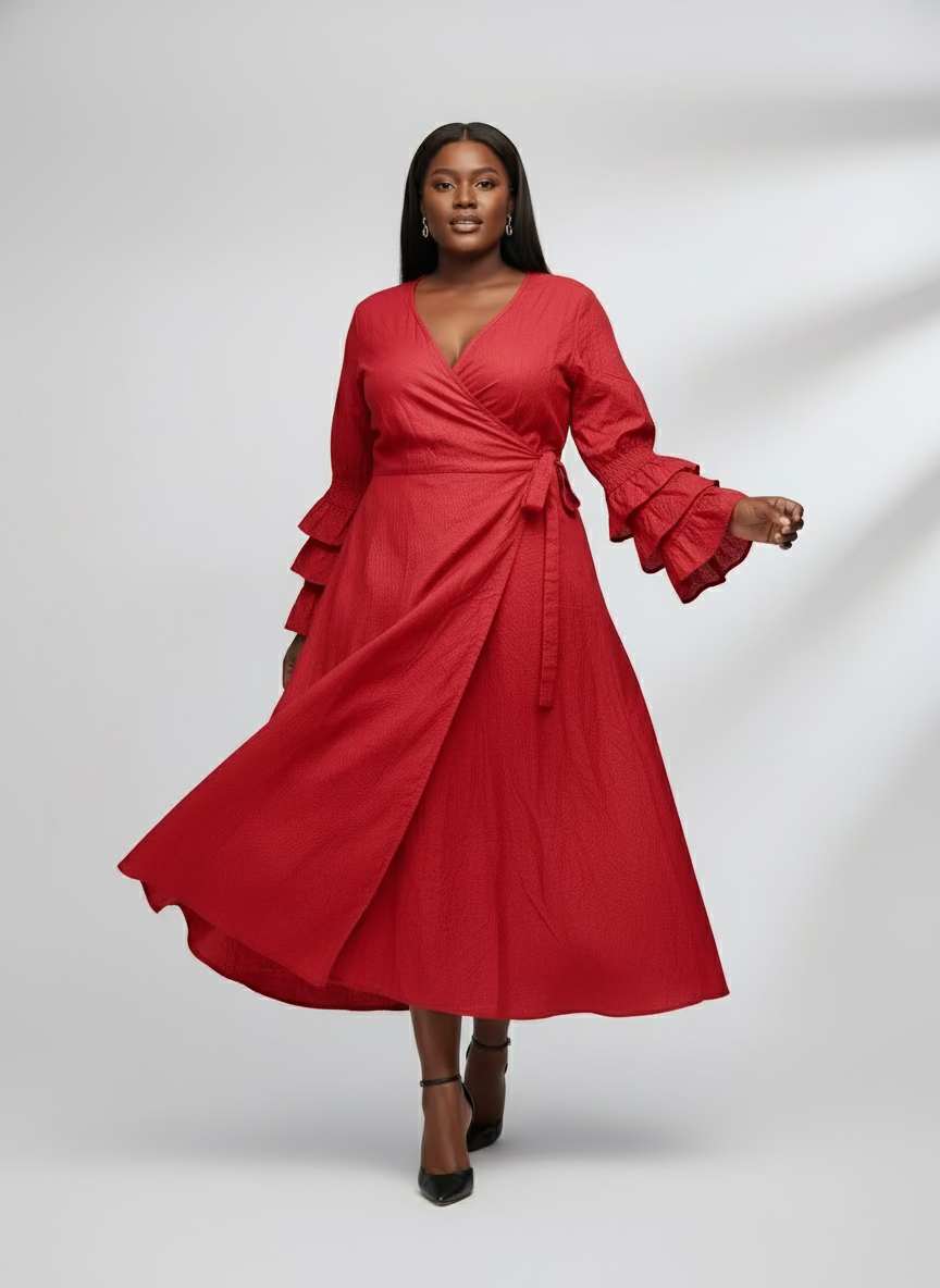 Embossed Wrap Dress - 1103 Red