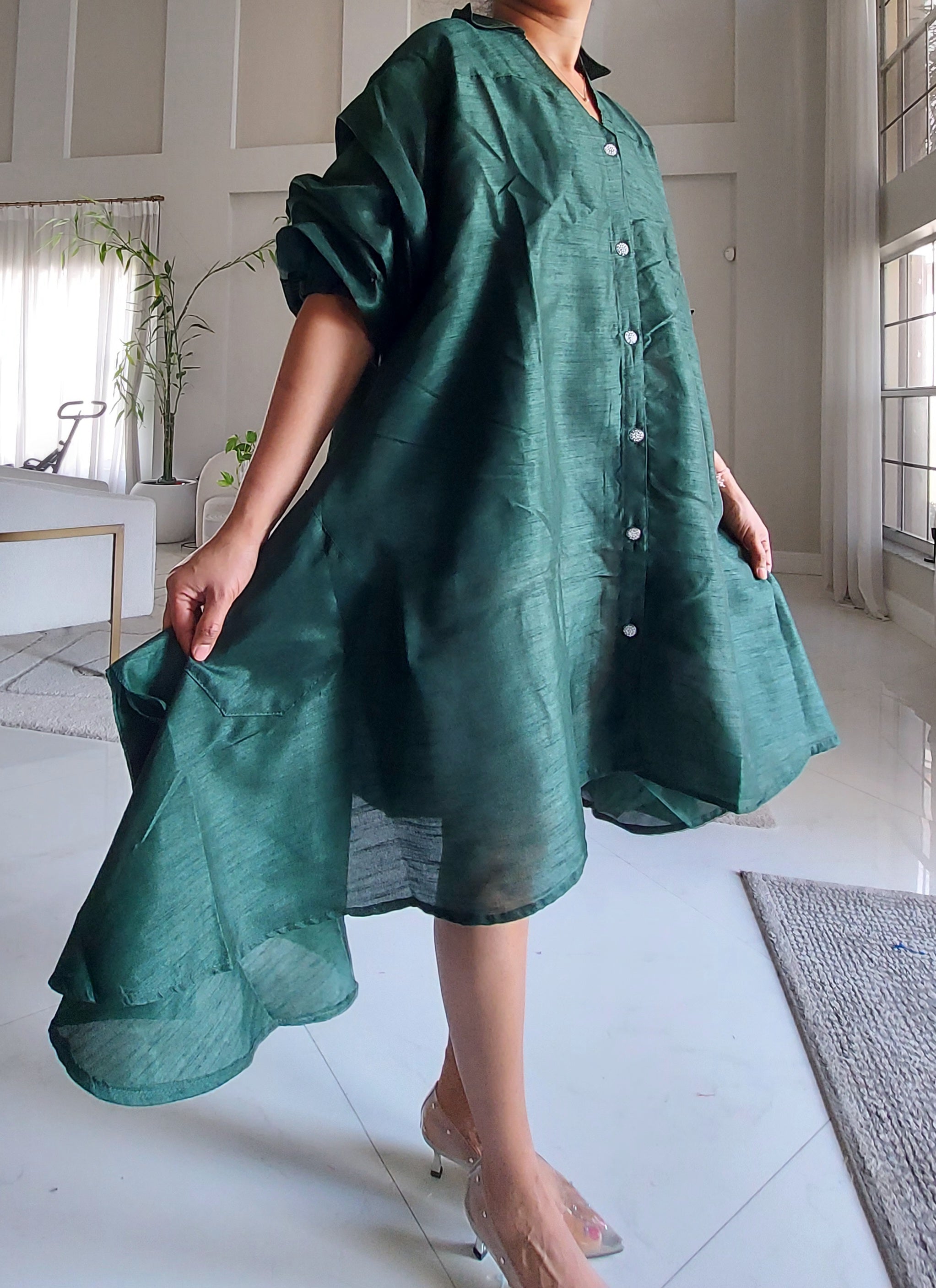 Swing Dress/ Faux Silk/ Ruffle Sleeve - 758 Forest Green