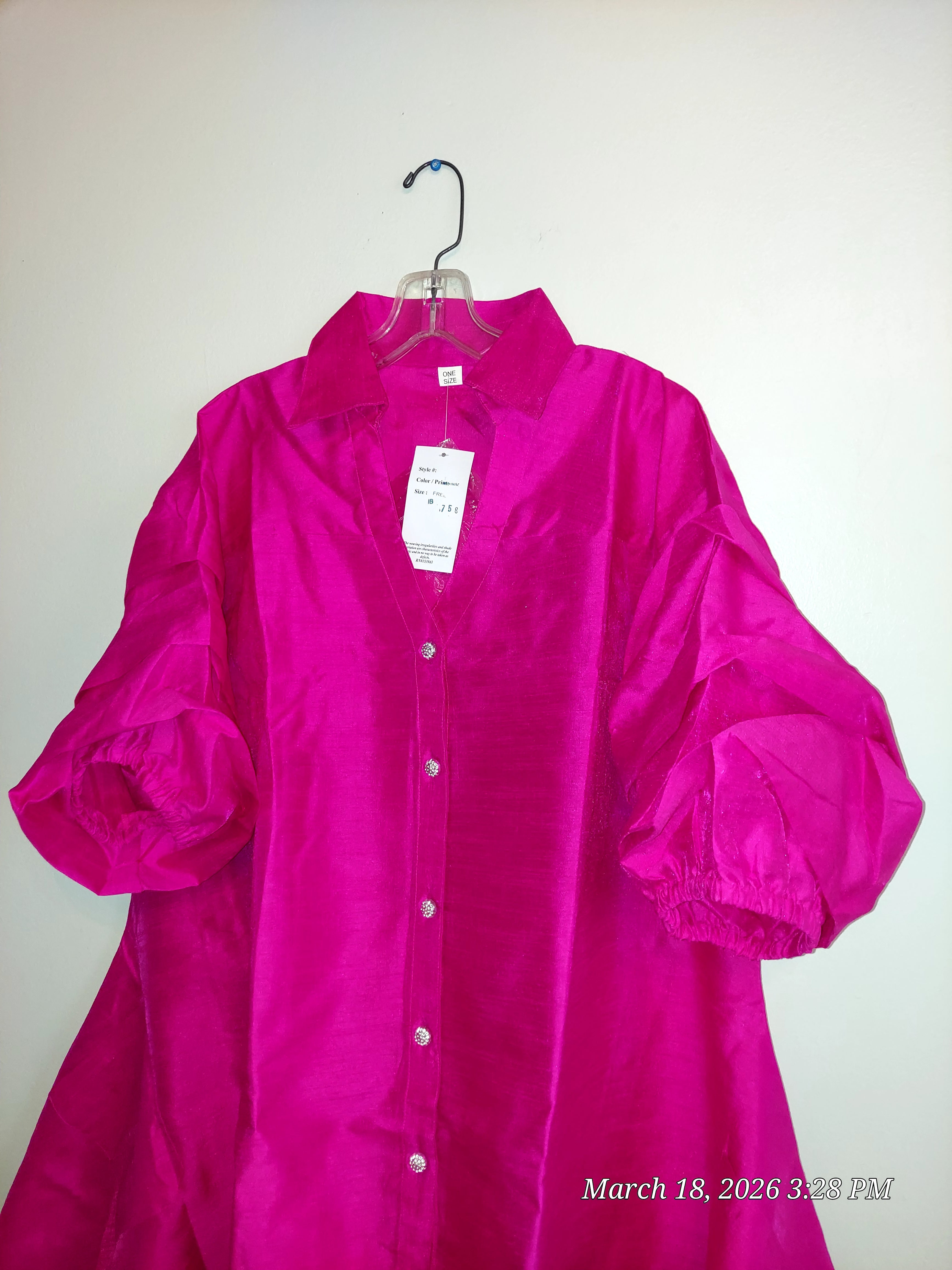 Swing Dress/ Faux Silk/ Ruffle Sleeve - 25013 Bright Pink