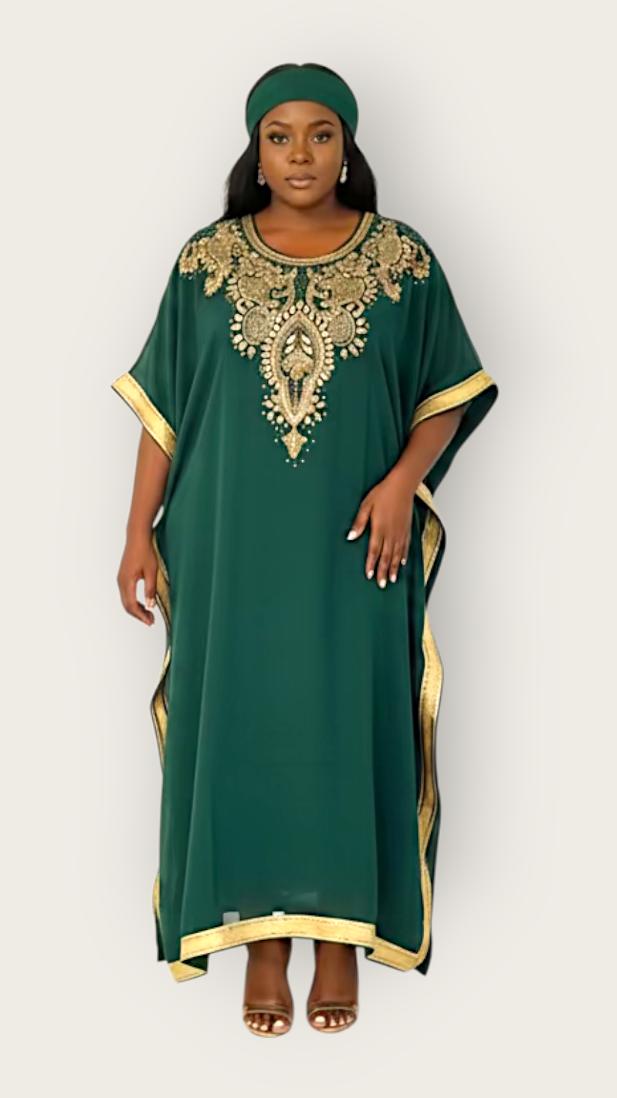 Beaded kaftan Dress With Gold Border