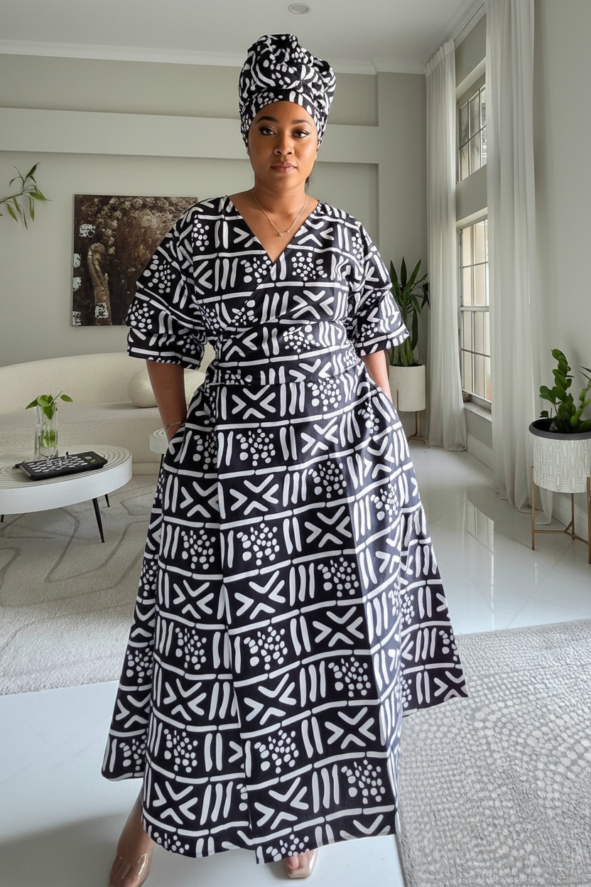 746 Wrap Dress With Puffed Sleeves Print 833