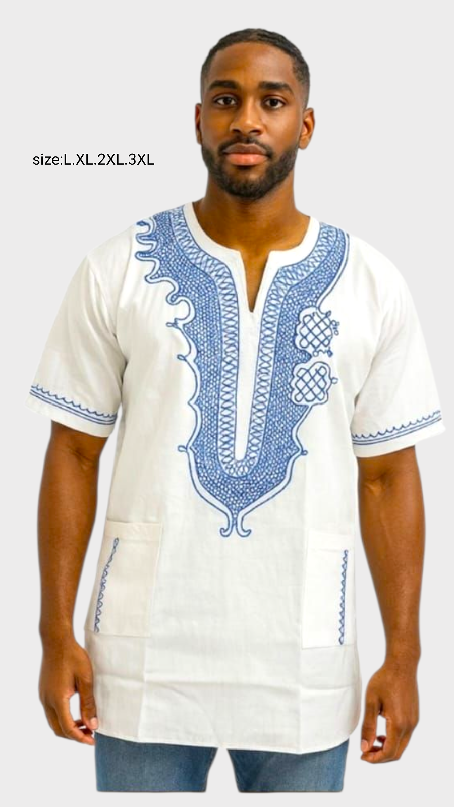 M031 Unisex/ Men/women kurta  Embroidery Top - White/Blue