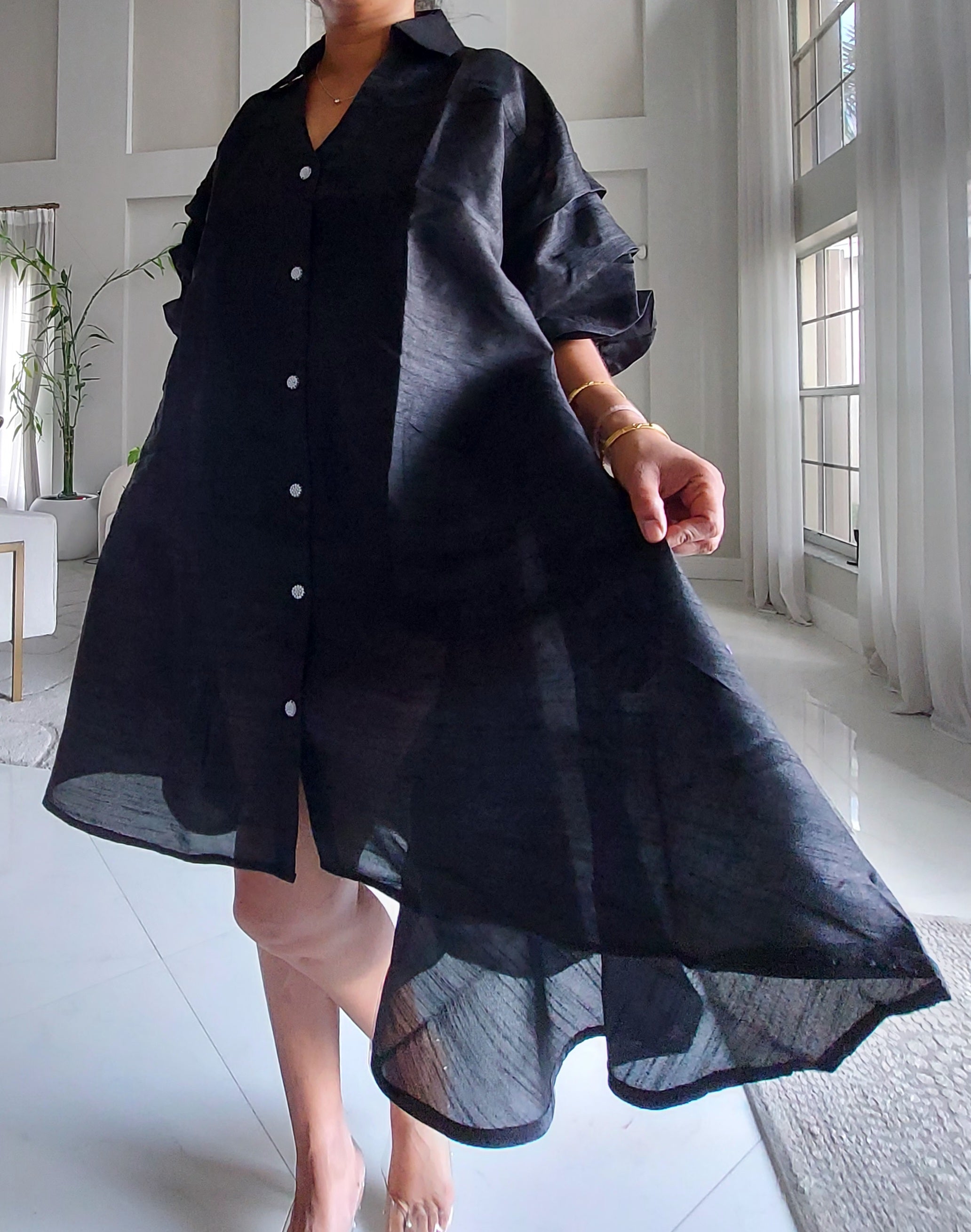 Swing Dress/ Faux Silk/ Ruffle Sleeve - 758 Black