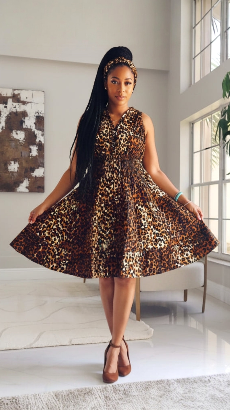 Woman's Mid-Length Smock Dress With Scarf - 3028