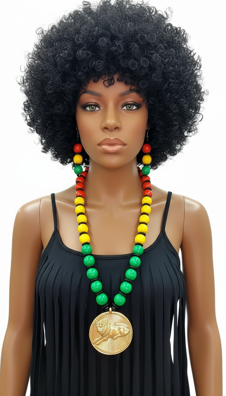 Beaded  Pendant Necklace & Earrings Set- Rasta Lion