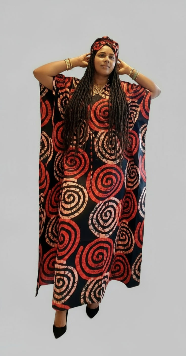 Cotton Ankara Print Kaftan Dress - 9000 Red