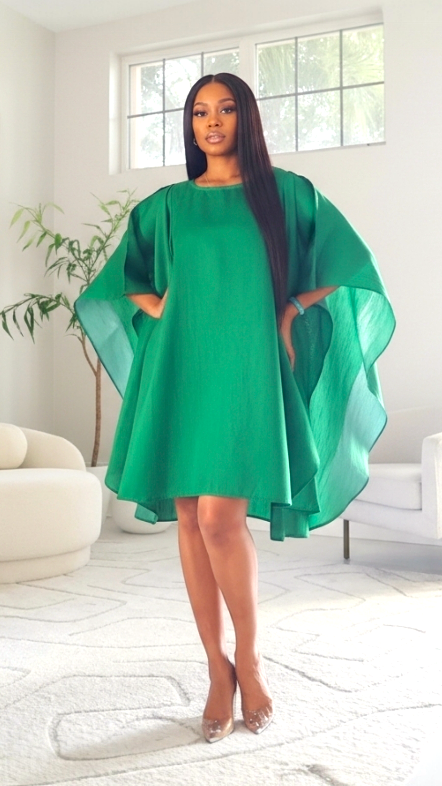 Wing Dress/Faux Silk/Poncho Dress/ Wing Sleeves-25032 Green