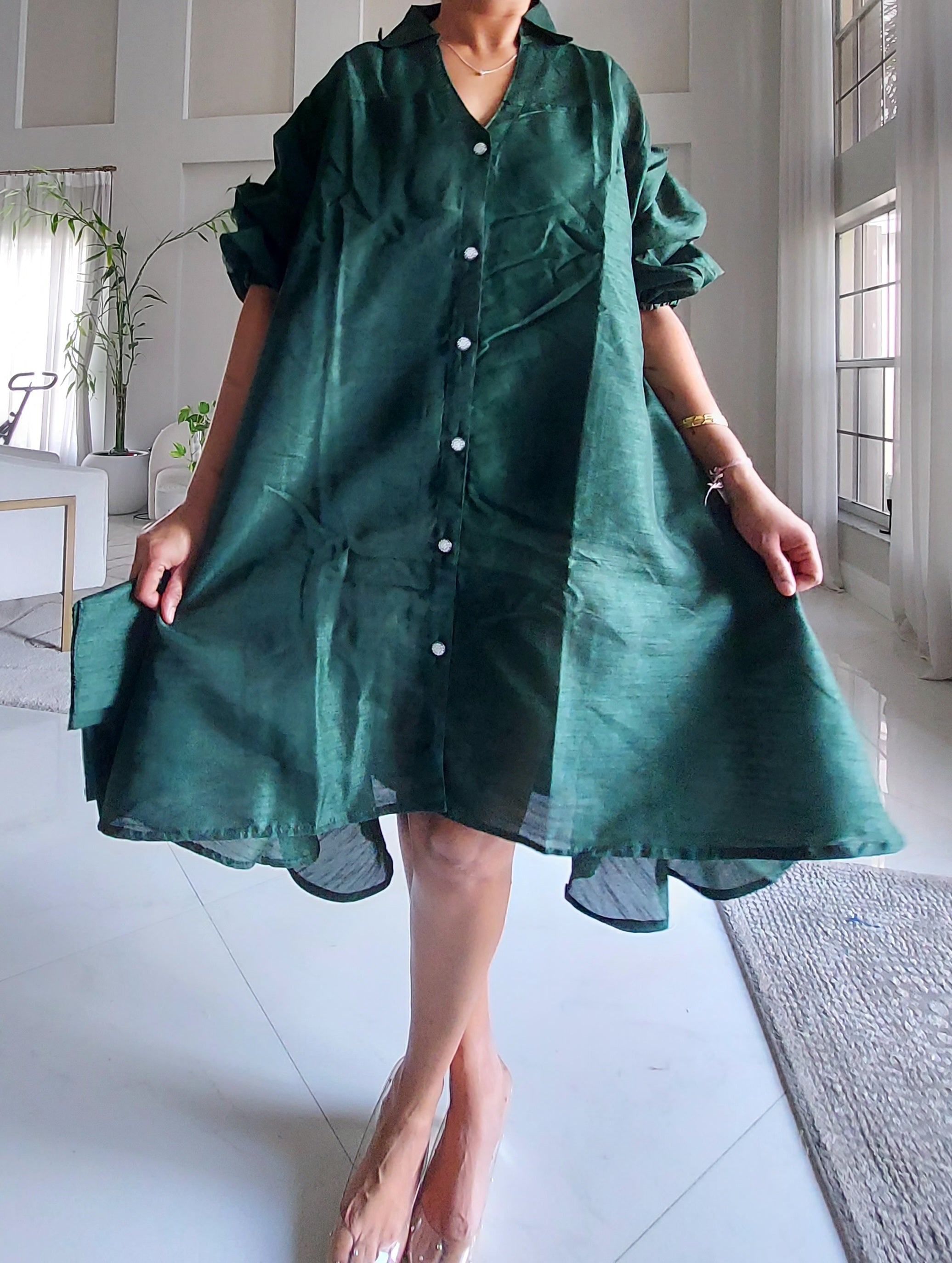 Swing Dress/ Faux Silk/ Ruffle Sleeve - 758 Forest Green