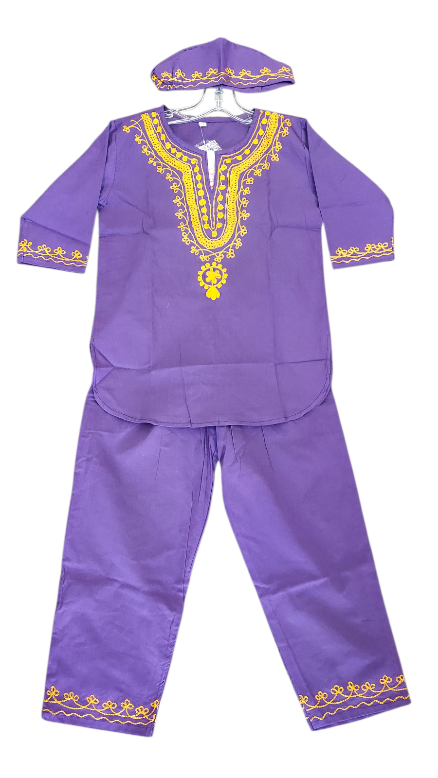 Boys 3 Pcs Embroidery Set/ Pant/Tunic/Kufi Hat 111 Purple