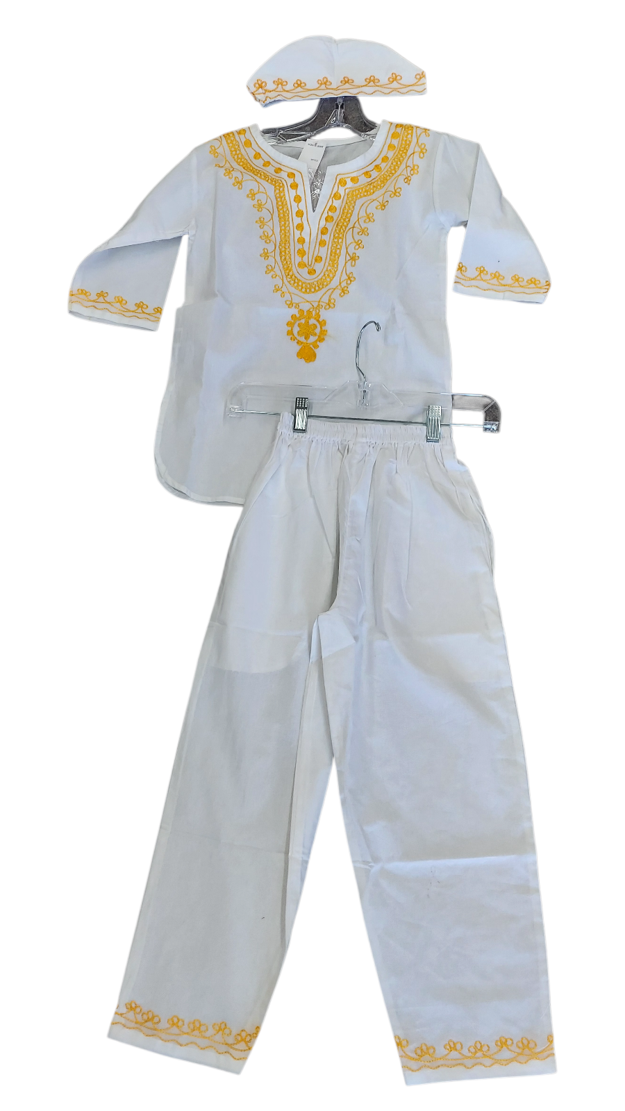 Boys 3 Pcs Embroidery Set/ Pant/Tunic/Kufi Hat 111 White