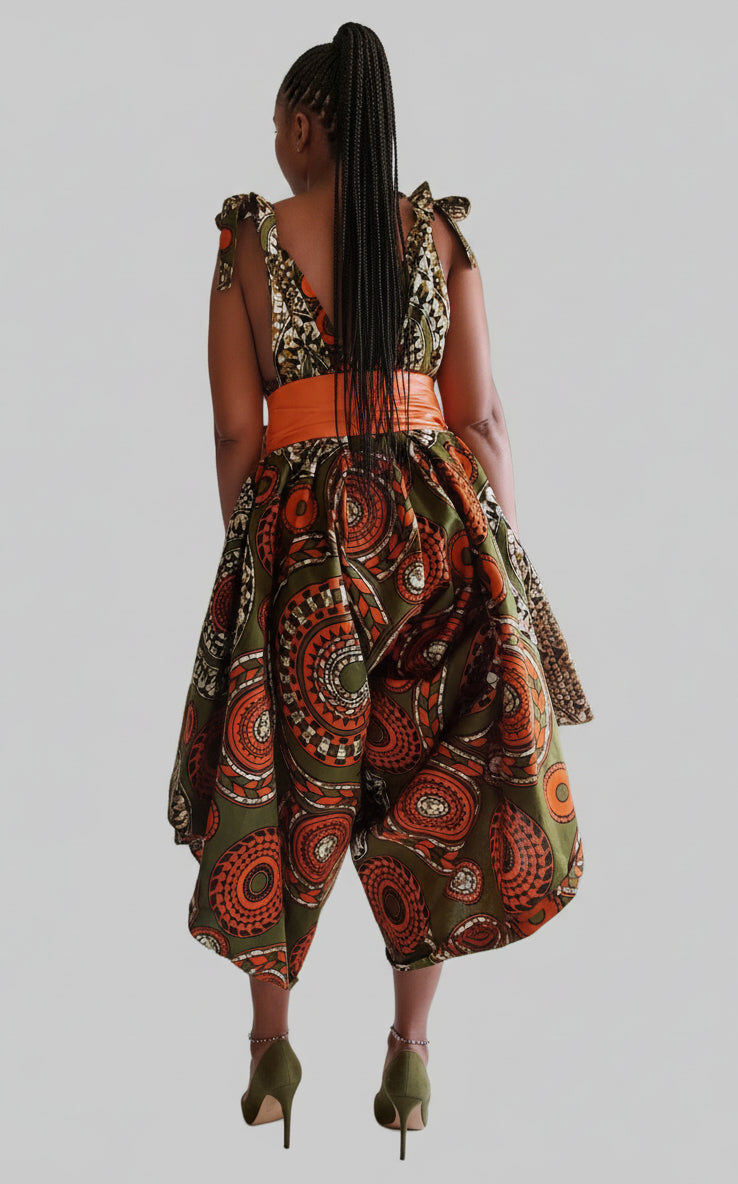 9003 - Harem Romper/Spagetti Straps/ Printed- Olive/Orange