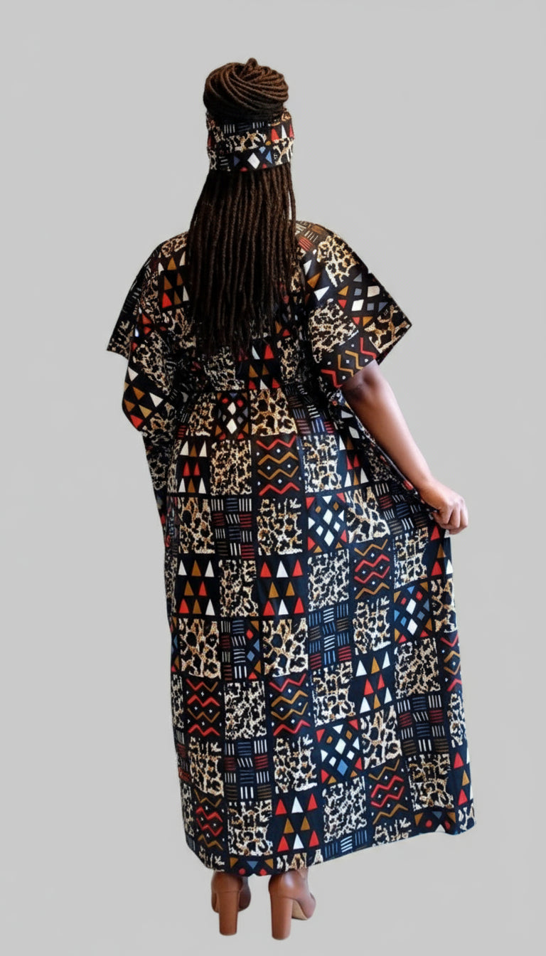 Cotton Ankara Print Kaftan Dress - 9000 Brown