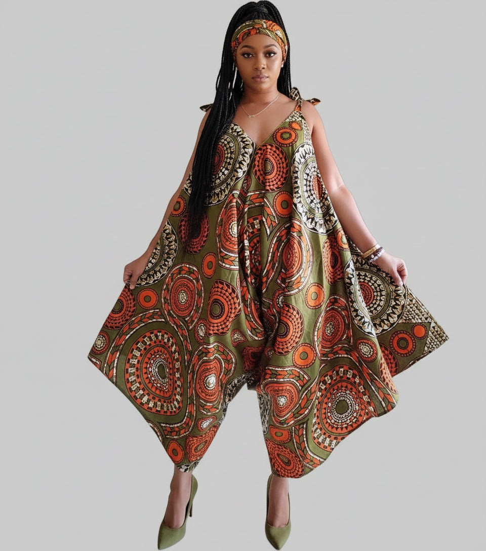 9003 - Harem Romper/Spagetti Straps/ Printed- Olive/Orange