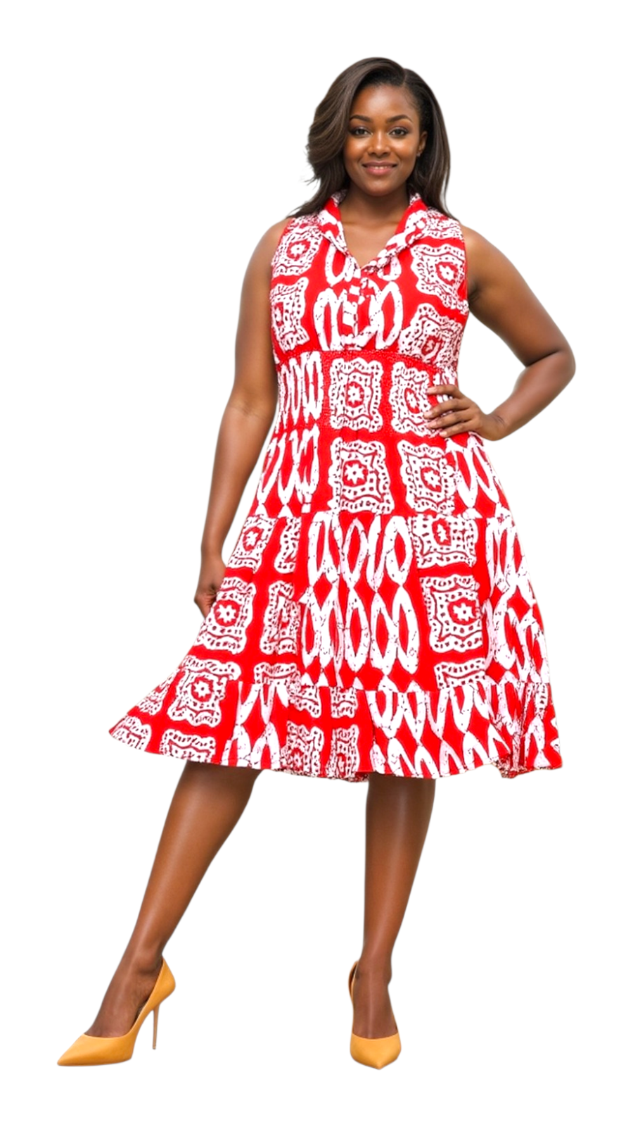 5006 - Woman's Mid-Length Smock Dress Red/White India Batik Retail 5006 - Woman's Mid-Length Smock Dress Red/White India Batik Retail