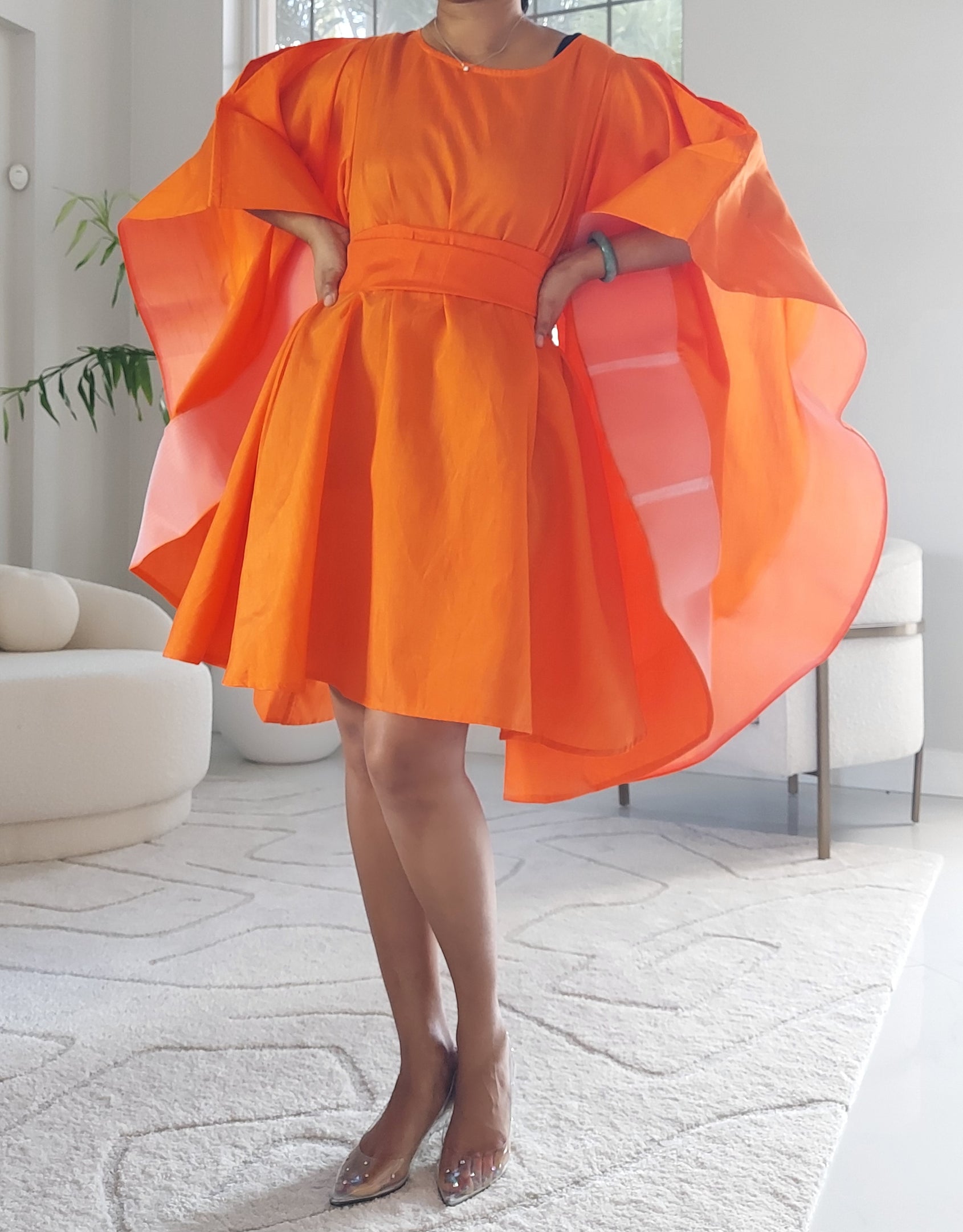 Faux Silk Wing Dress/Poncho Dress/ Wing Sleeves-Orange