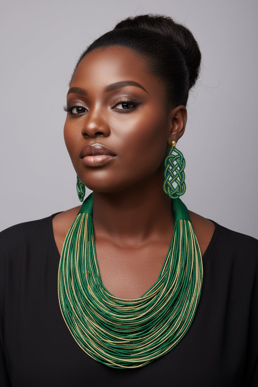 Rope Layered Necklace & Earrings Set Tri Color Jamaica