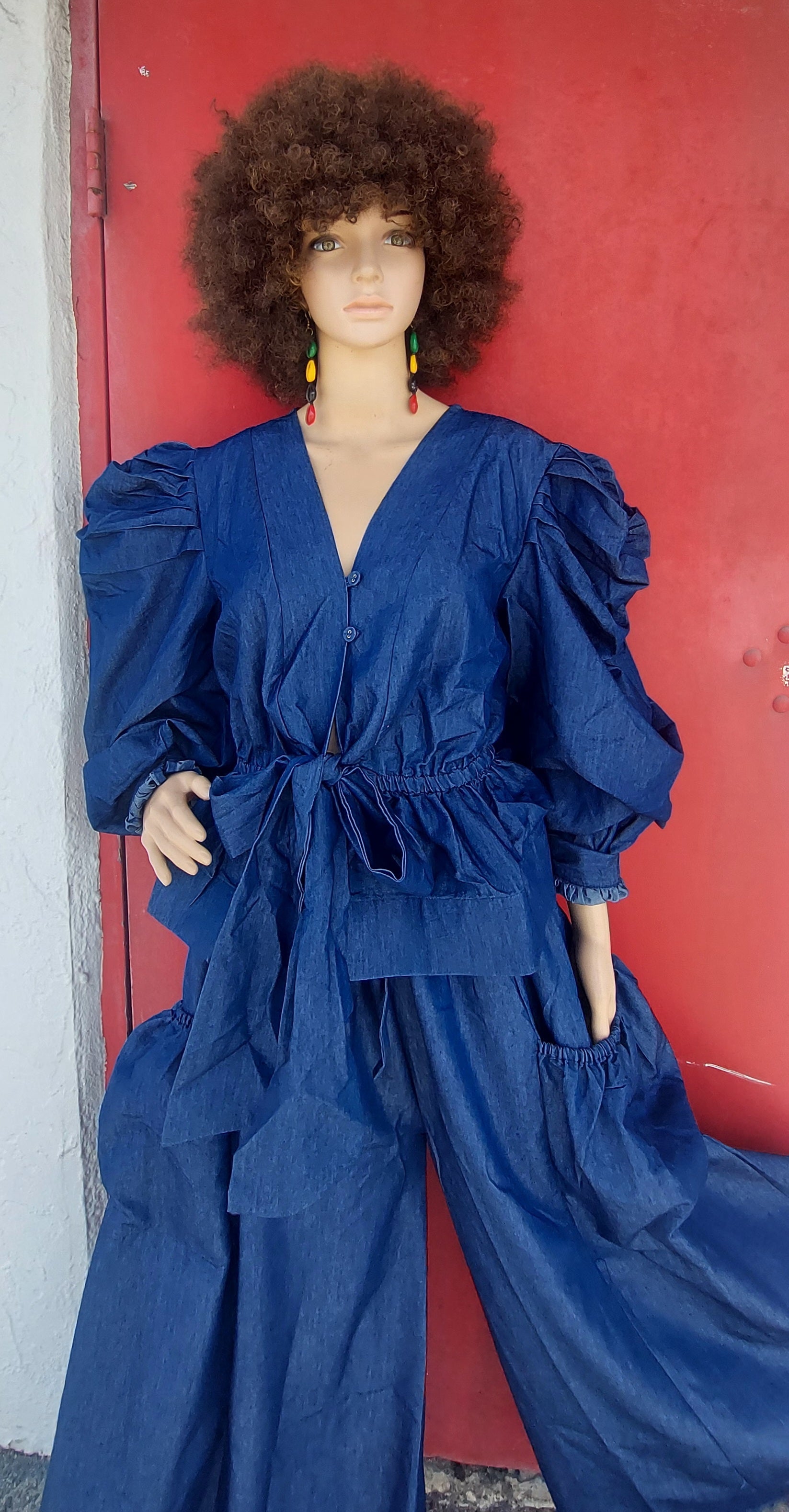 Women Set -  Denim Palazzo  Pant & Top - Indigo Blue
