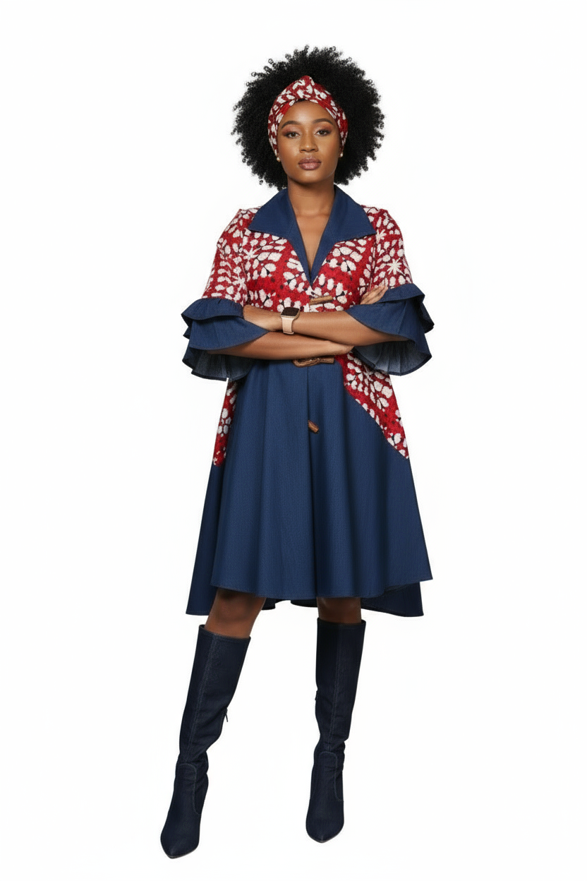 Denim Shirt Dress with Ankara African Print 3139-E