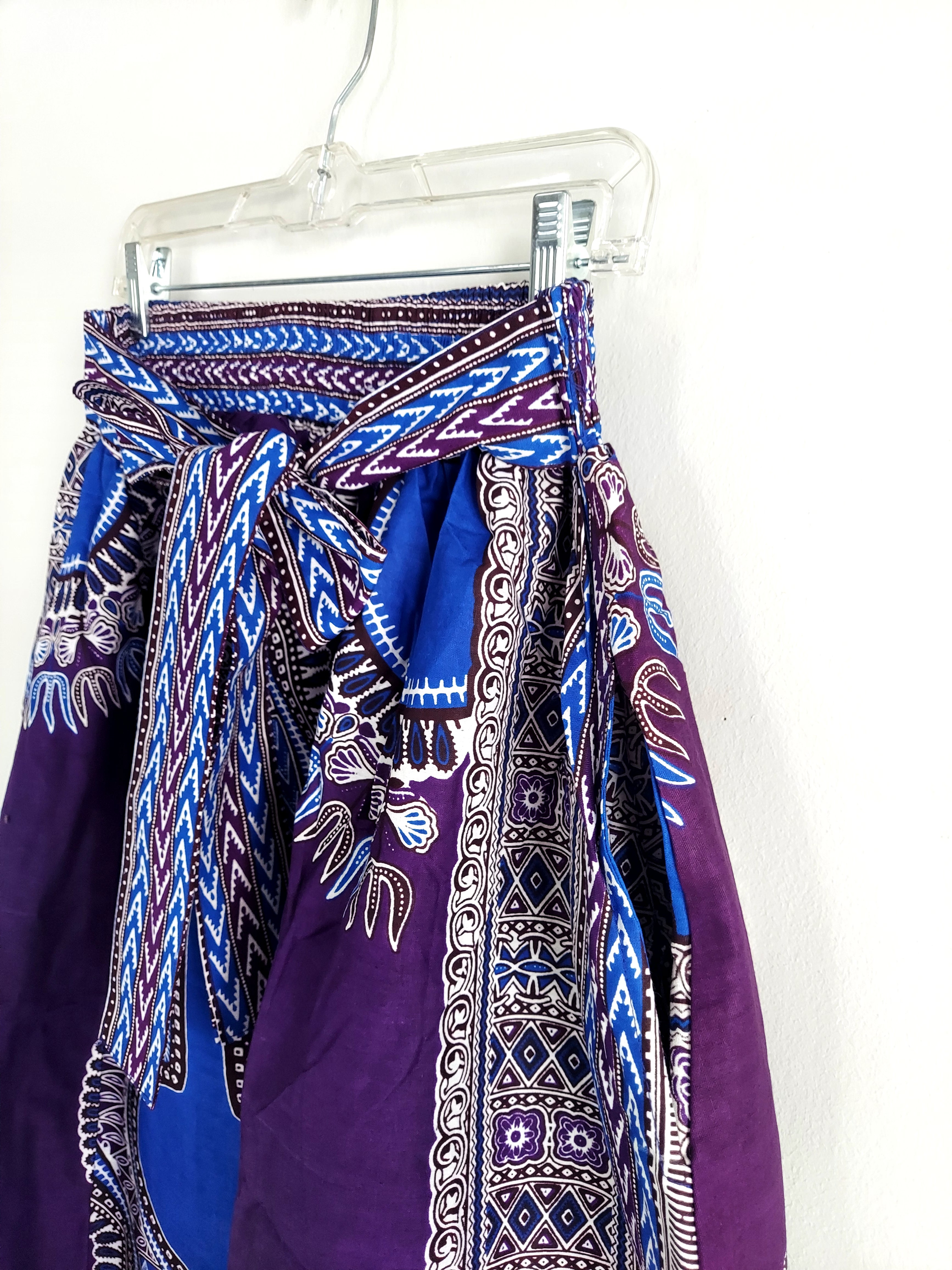 Women Long Dashiki Print Skirt - 6011D Purple/Blue