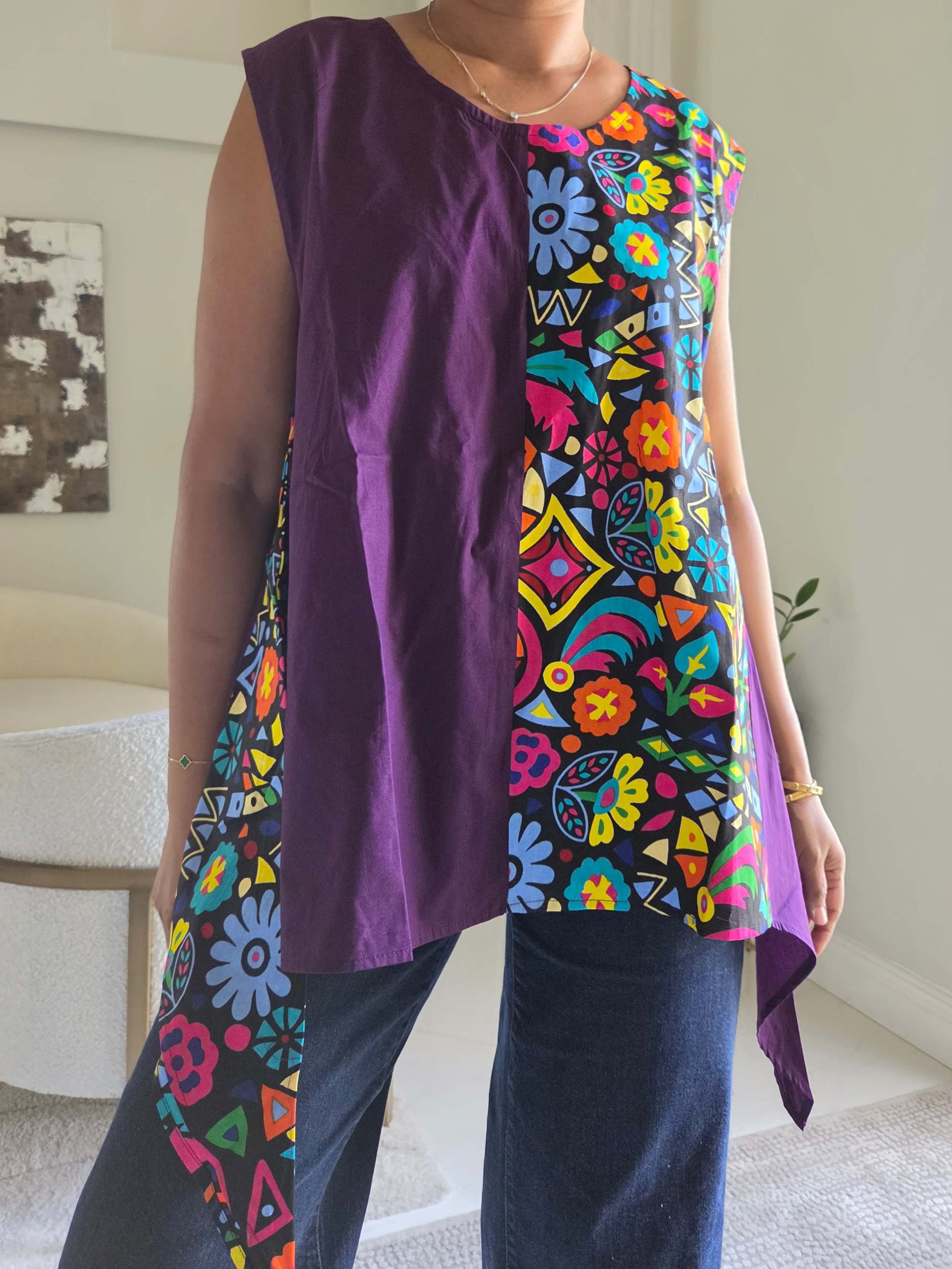 Maya Split-Design Cotton Tunic – Colorful Abstract - 7222