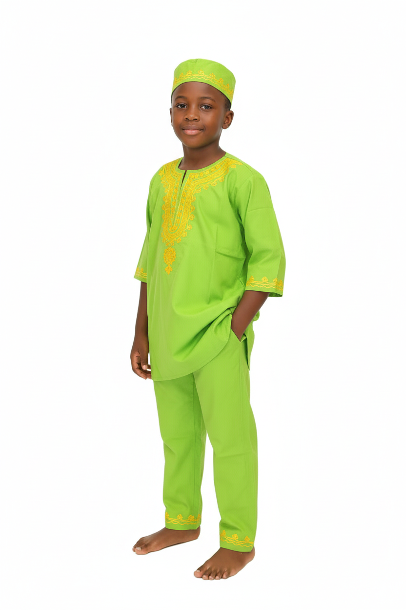 Boys 3 Pcs Embroidery Set/ Pant/Tunic/Kufi Hat