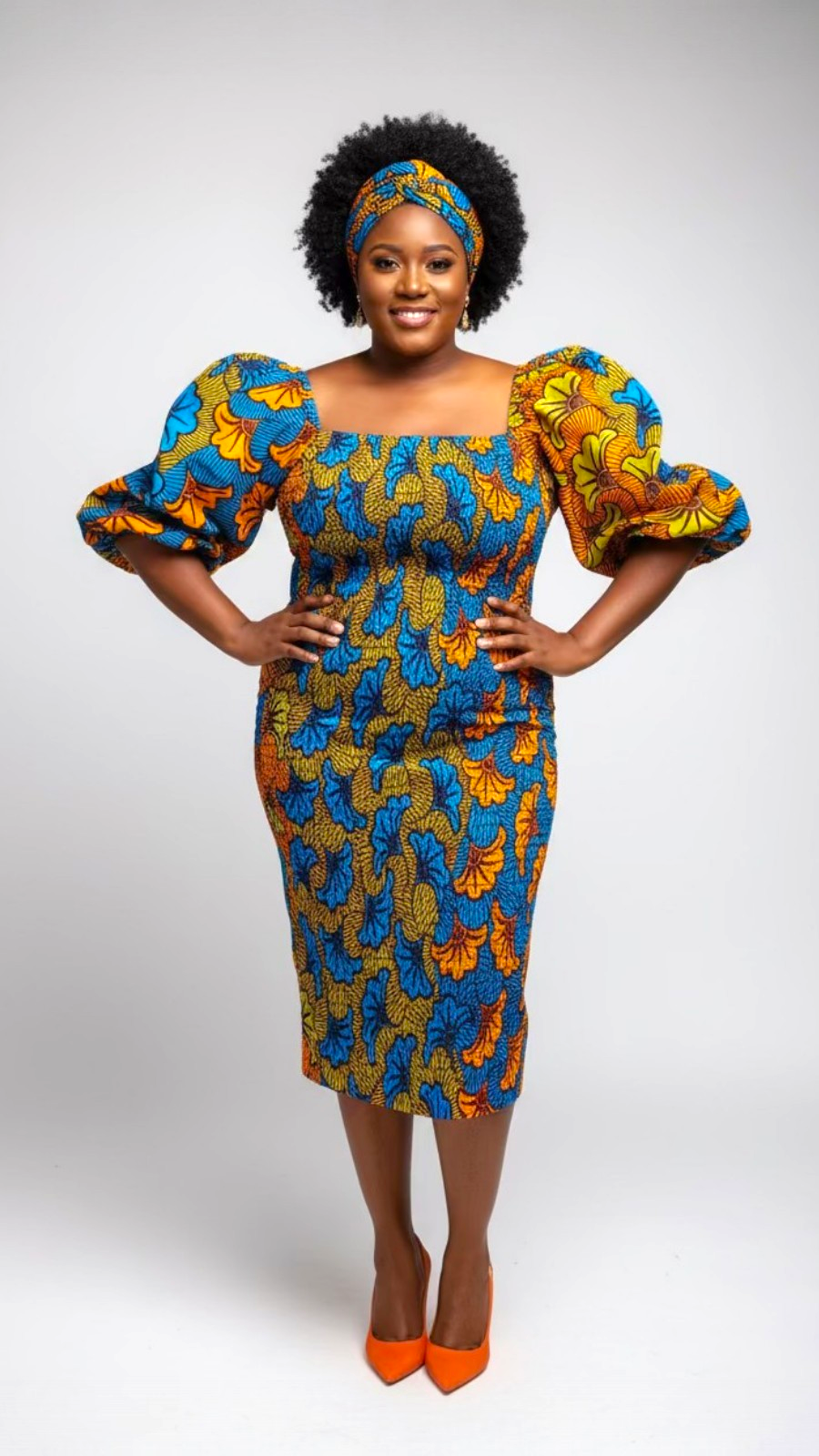 Fitted Smock Mid length Dress/ Puff Sleeve-KVZ35 Floral