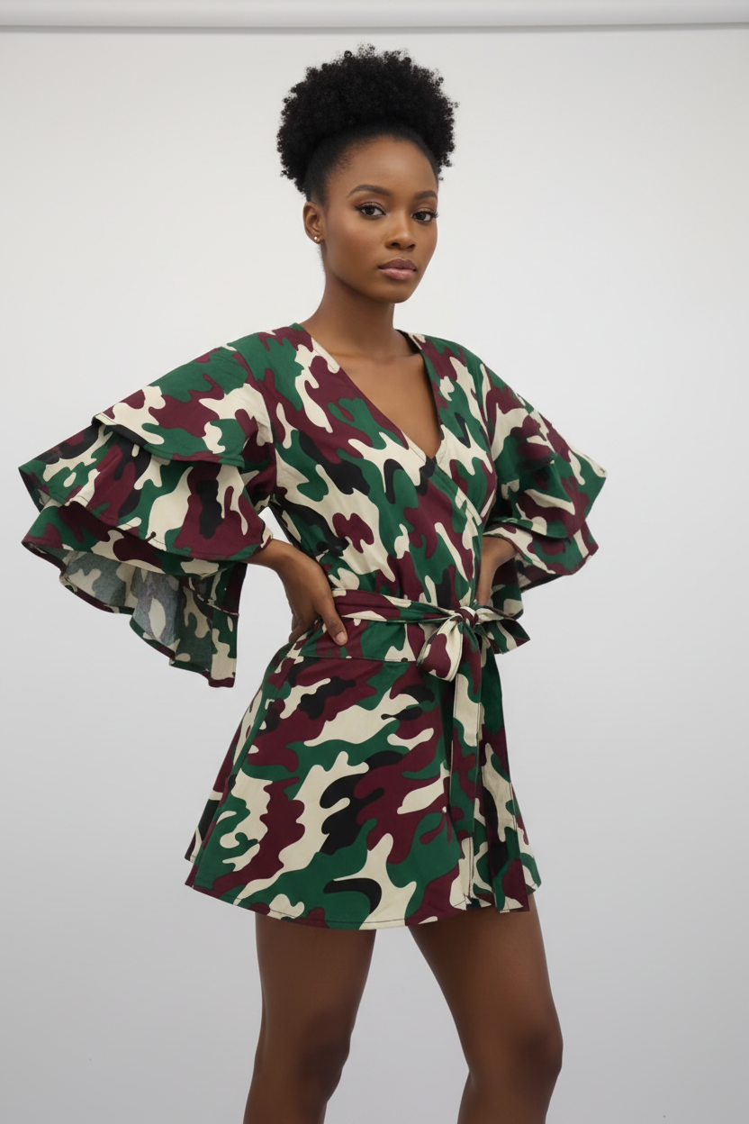 1203 - Wrap Blouse/ Army Print / Burgundy