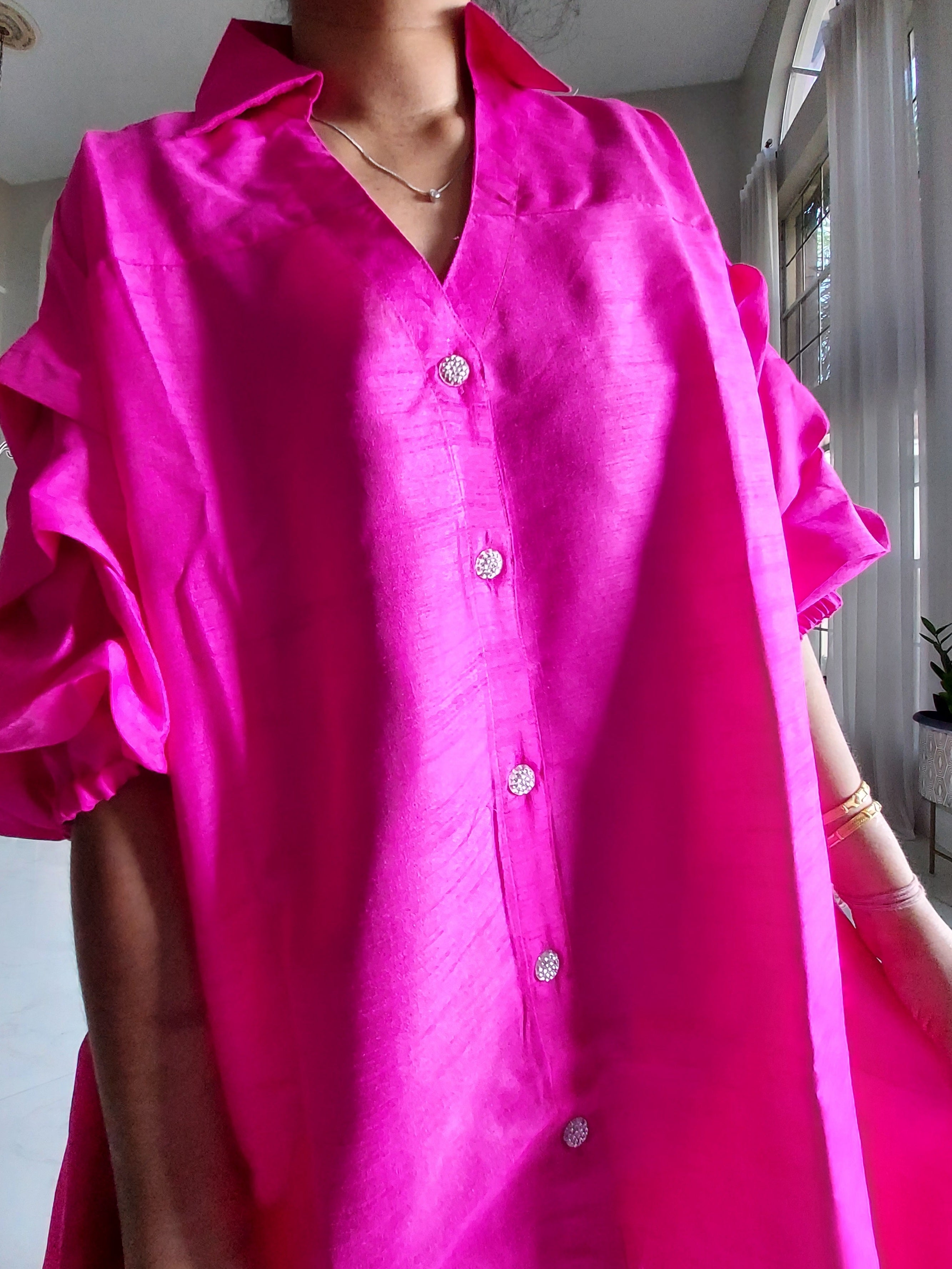 Swing Dress/ Faux Silk/ Ruffle Sleeve - 25013 Bright Pink