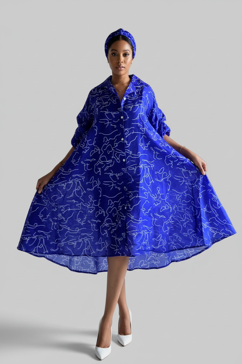 IB25013 - Swing Dress/ Faux Silk / Blue-White 758