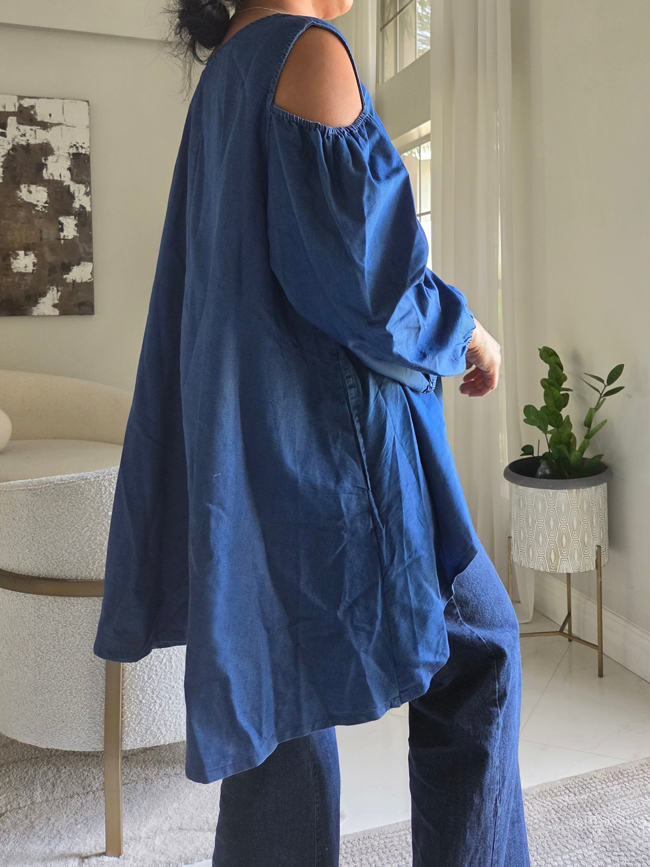 Maya Cold-Shoulder Denim Billow Blouse 848