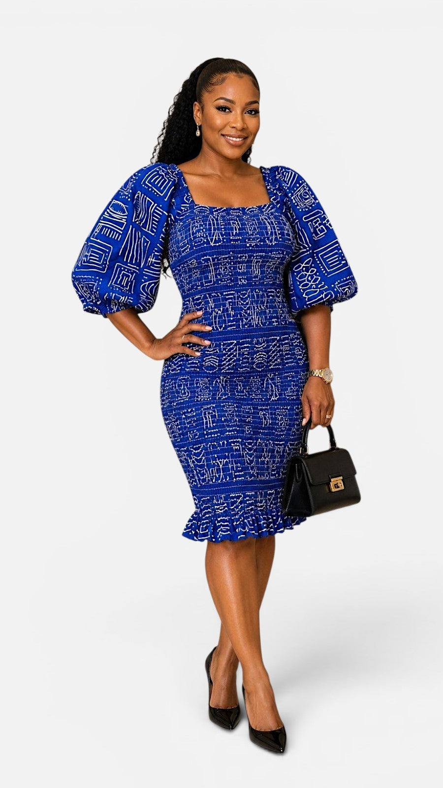 Fitted Smock Mid length Dress/-KVZ35 Royal Blue