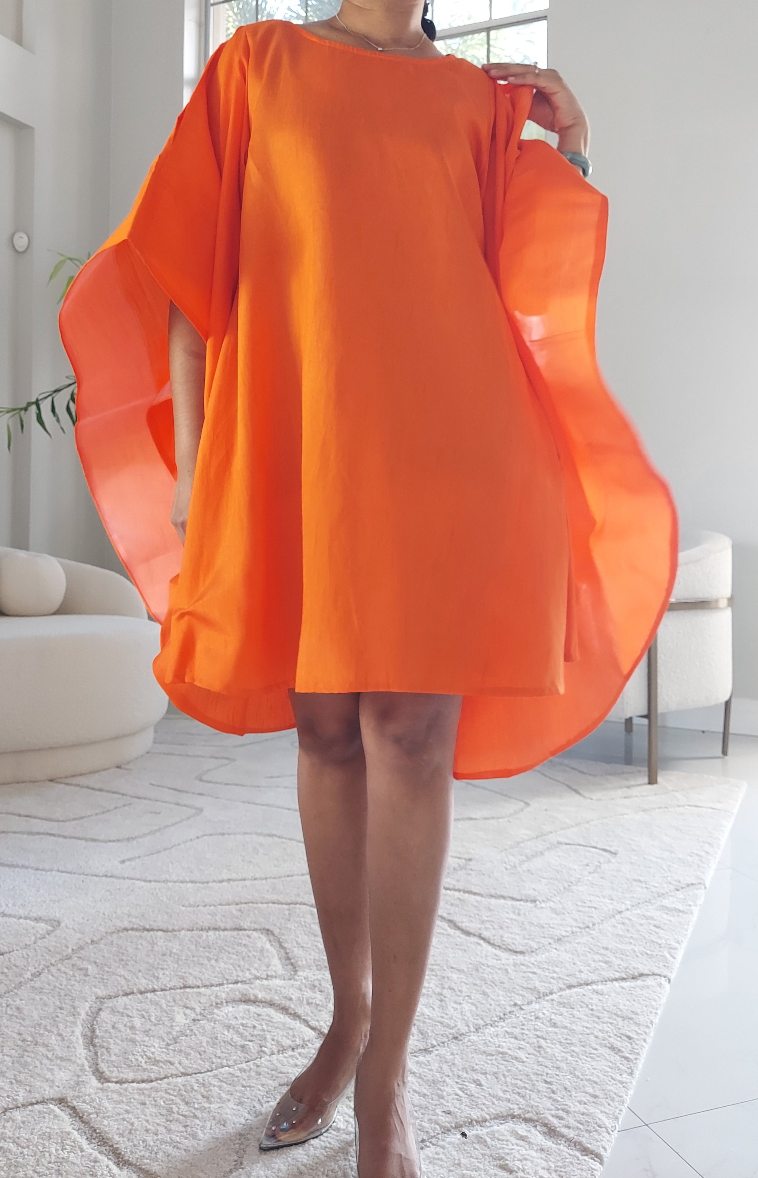 Faux Silk Wing Dress/Poncho Dress/ Wing Sleeves-Orange