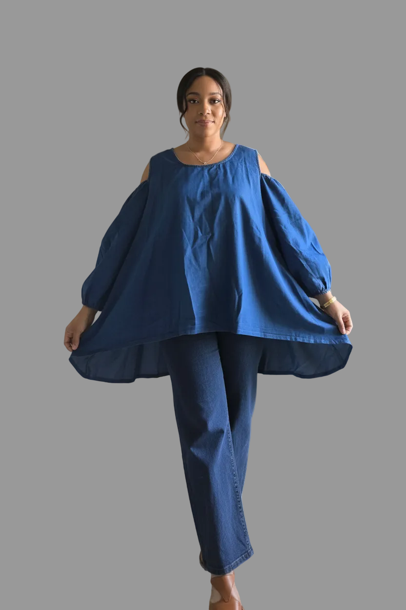 Maya Cold-Shoulder Denim Billow Blouse 848