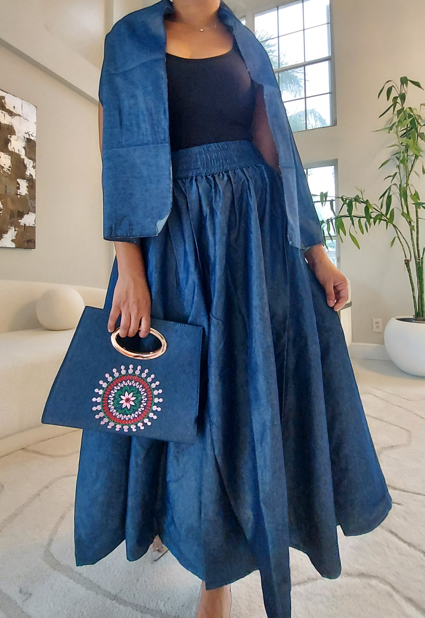 1012 Combo Long Skirt & Pocketbook Set-Blue Denim/ Pink