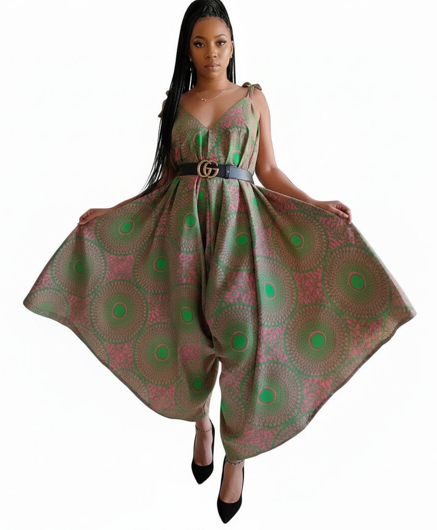 9003 - Harem Romper/Spagetti Straps/ Printed-Green/Pink