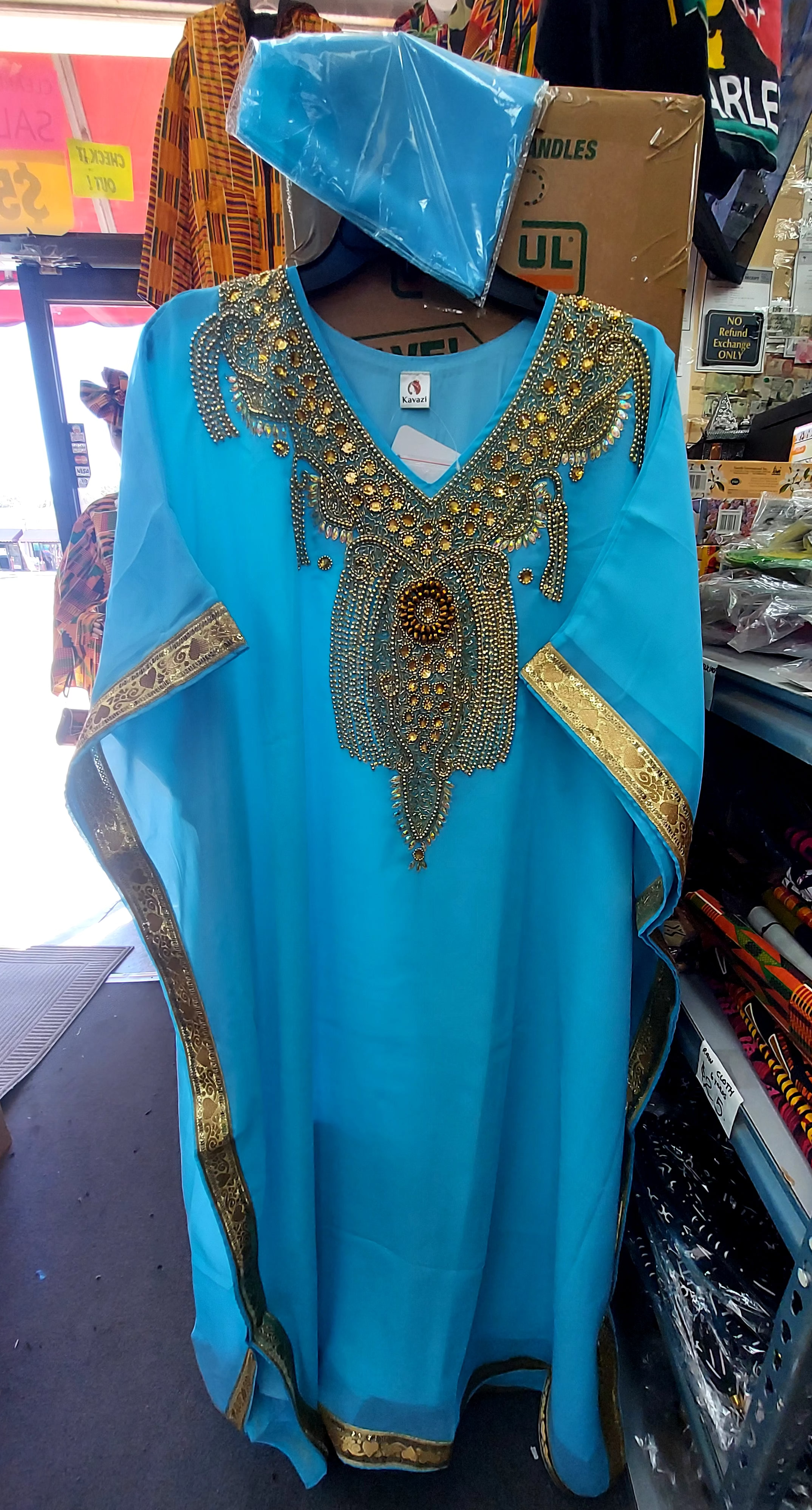 Beaded kaftan Dress & Scarf Set Baby Blue