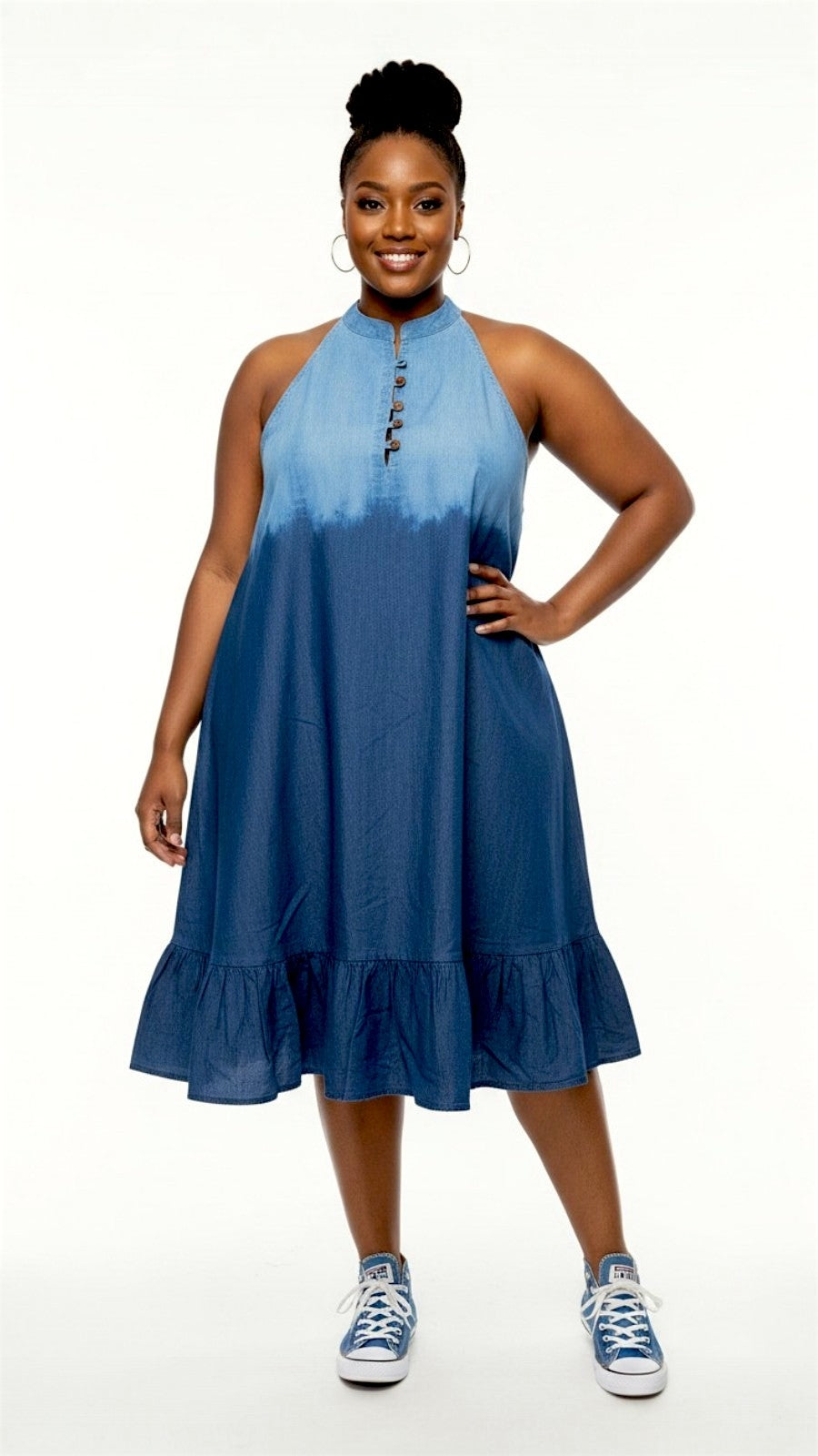 Haltered Neck Bottton Middi Dress 796 Two Tone  Denim