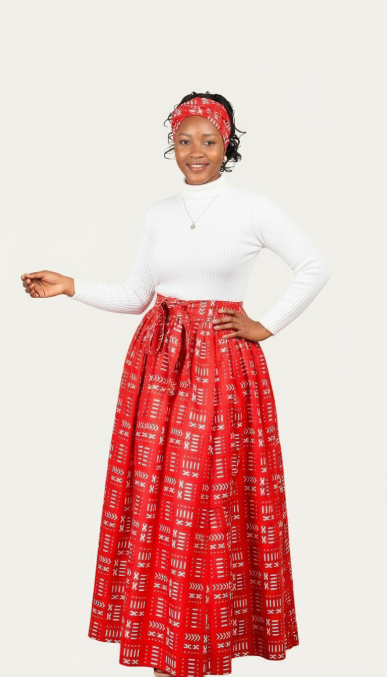 Woman Long Printed Maxi Skirt-1350 Red