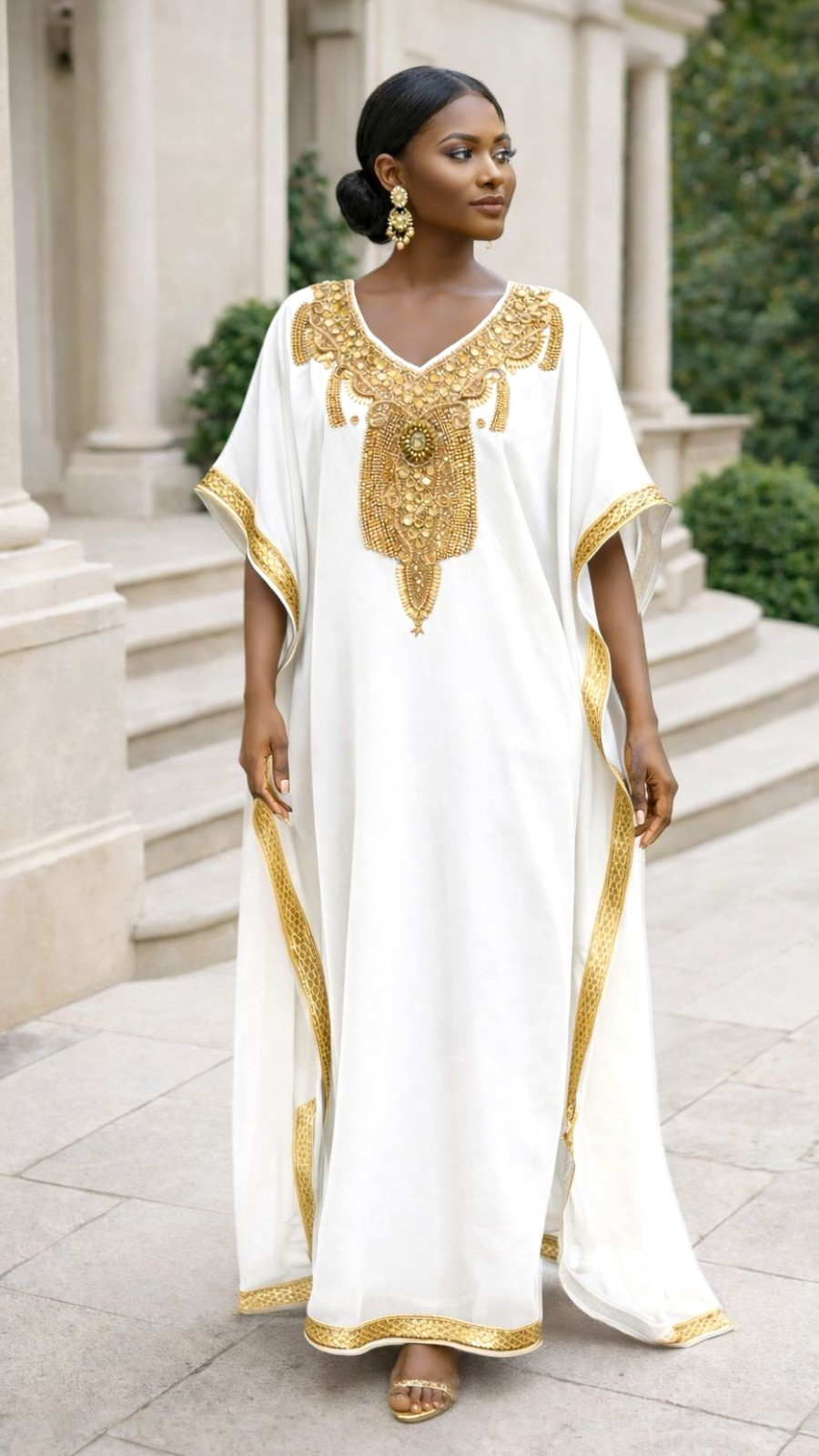 Beaded kaftan Dress With Gold Border - white