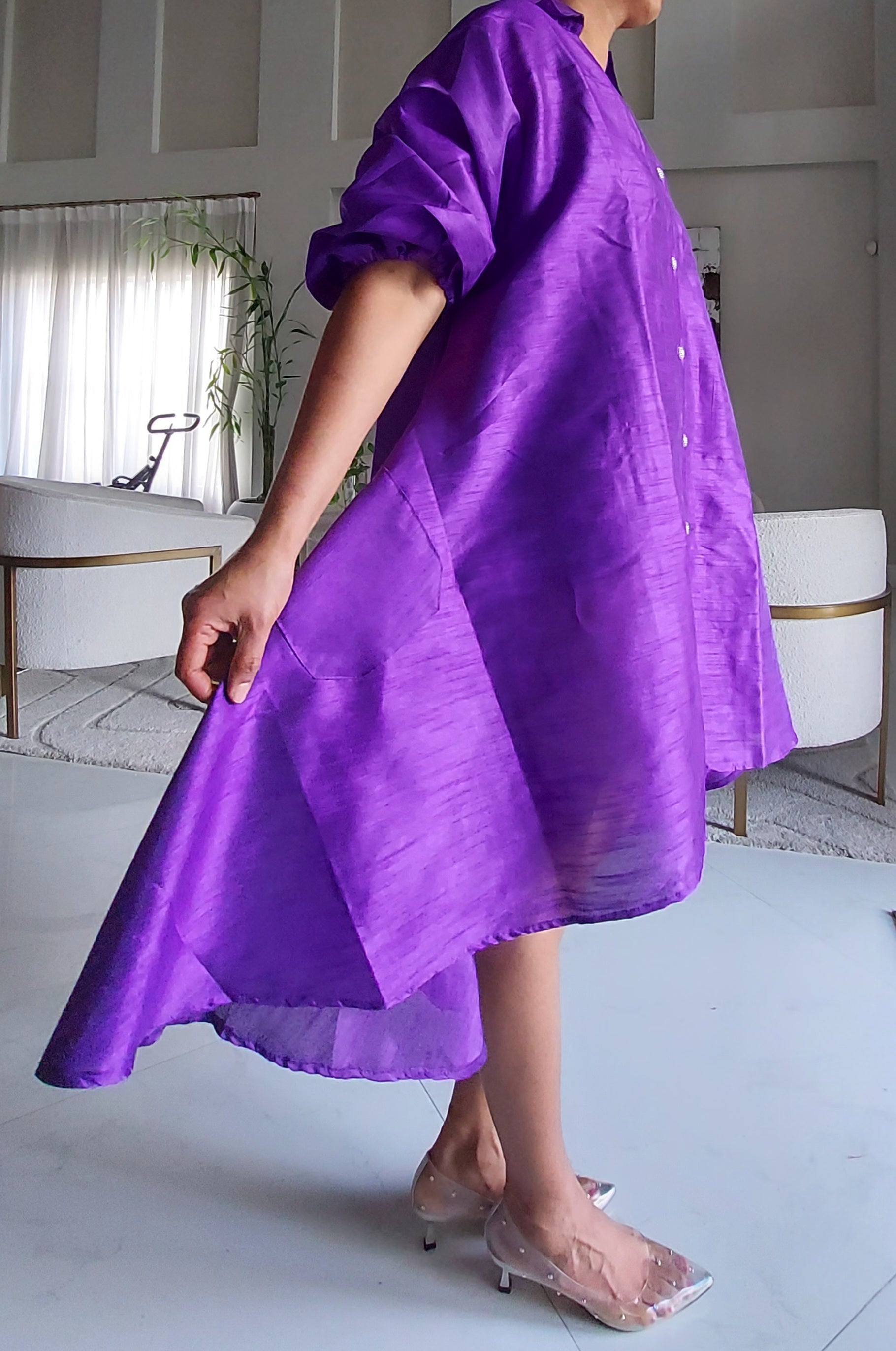 Swing Dress/ Faux Silk/ Ruffle Sleeve - Purple