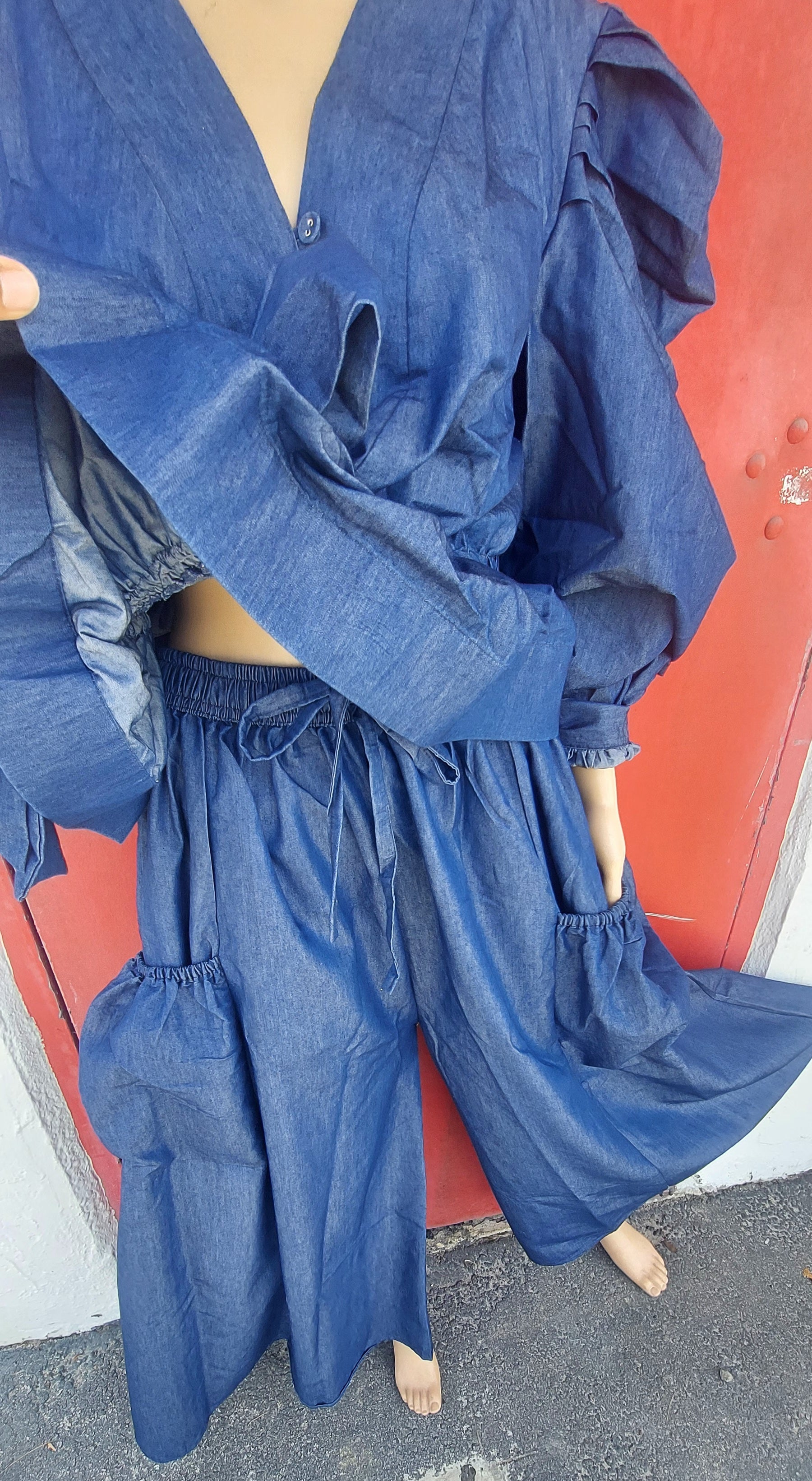 Women Set -  Denim Palazzo  Pant & Top - Indigo Blue