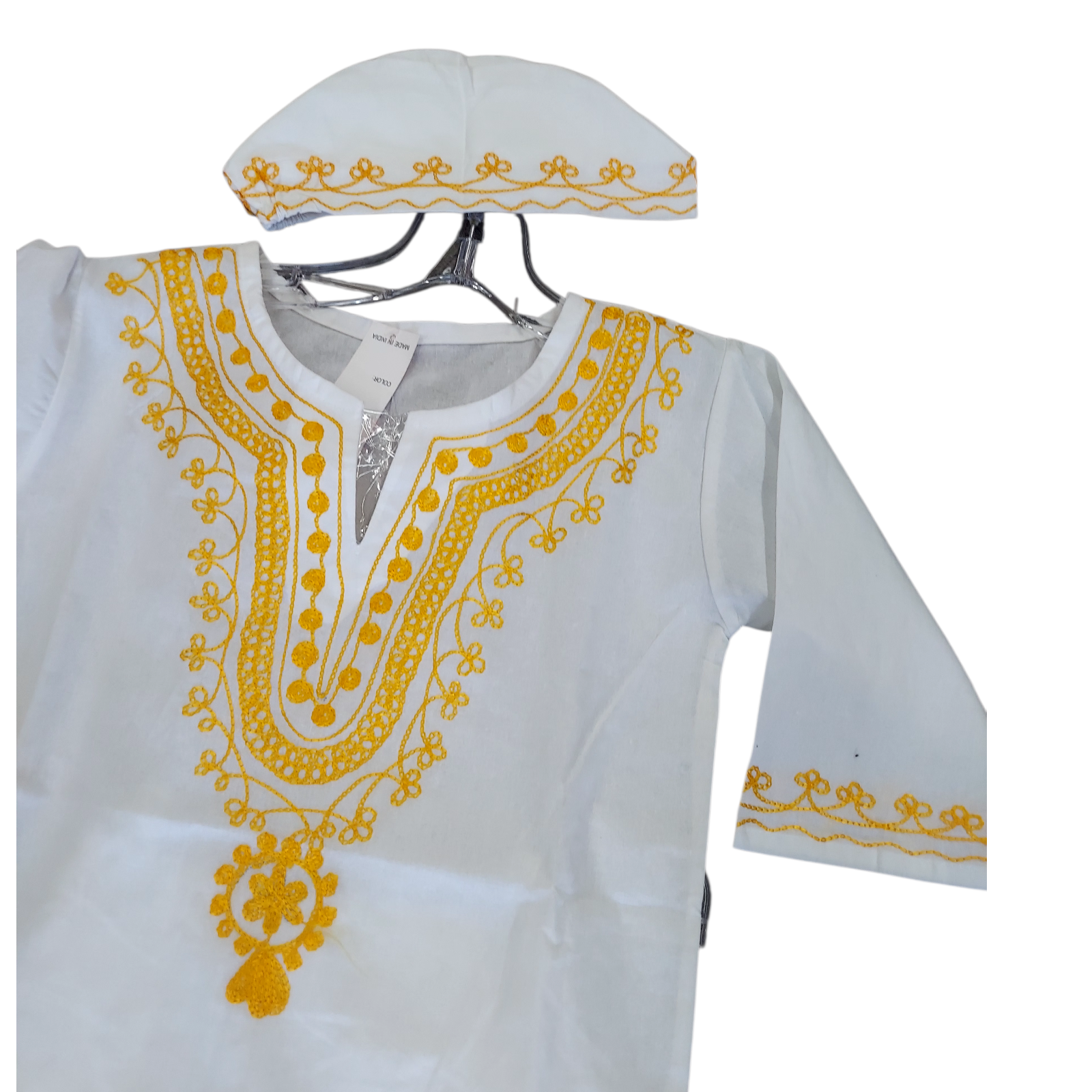 Boys 3 Pcs Embroidery Set/ Pant/Tunic/Kufi Hat 111 White