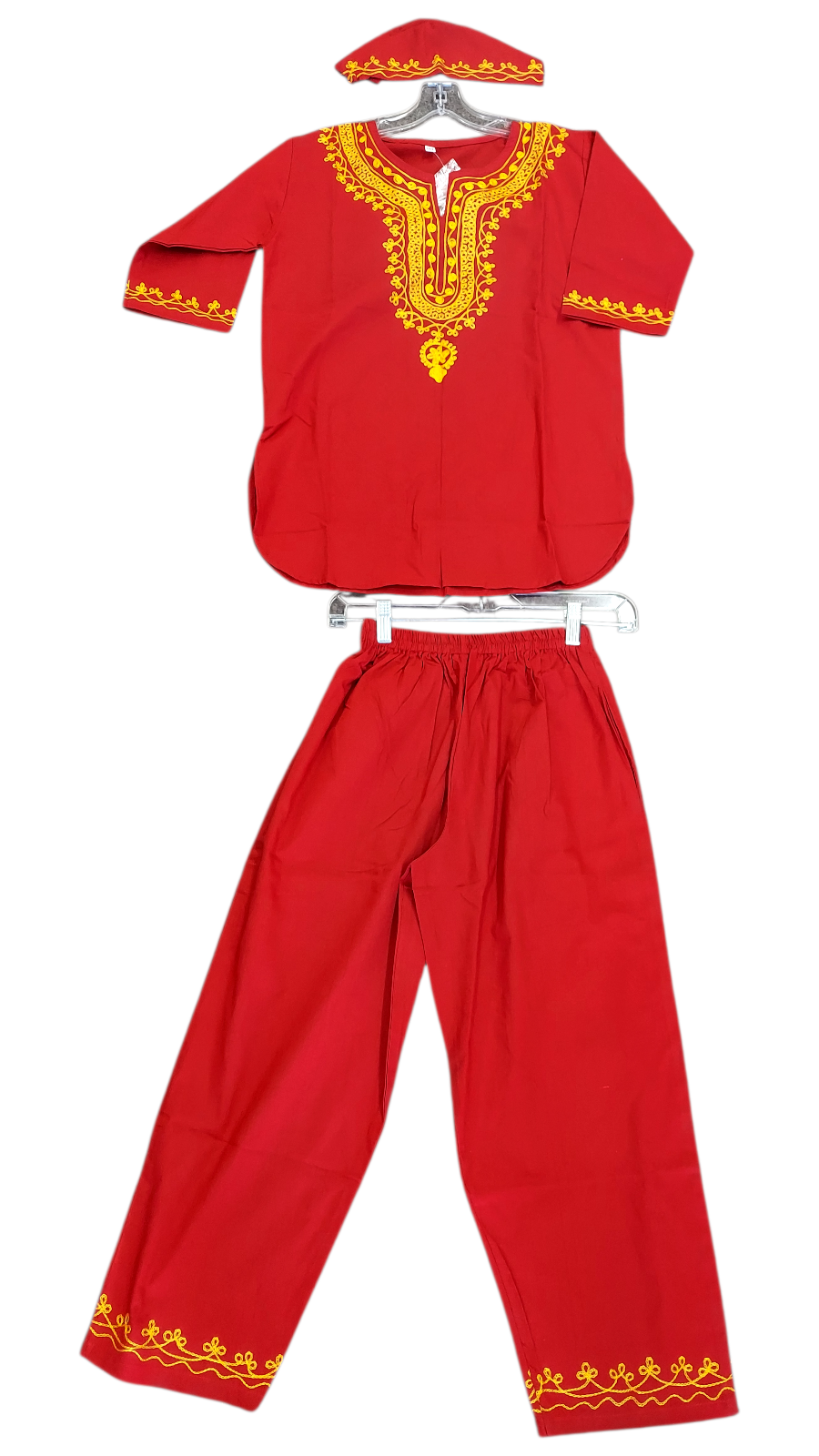 Boys 3 Pcs Embroidery Set/ Pant/Tunic/Kufi Hat 111 Red