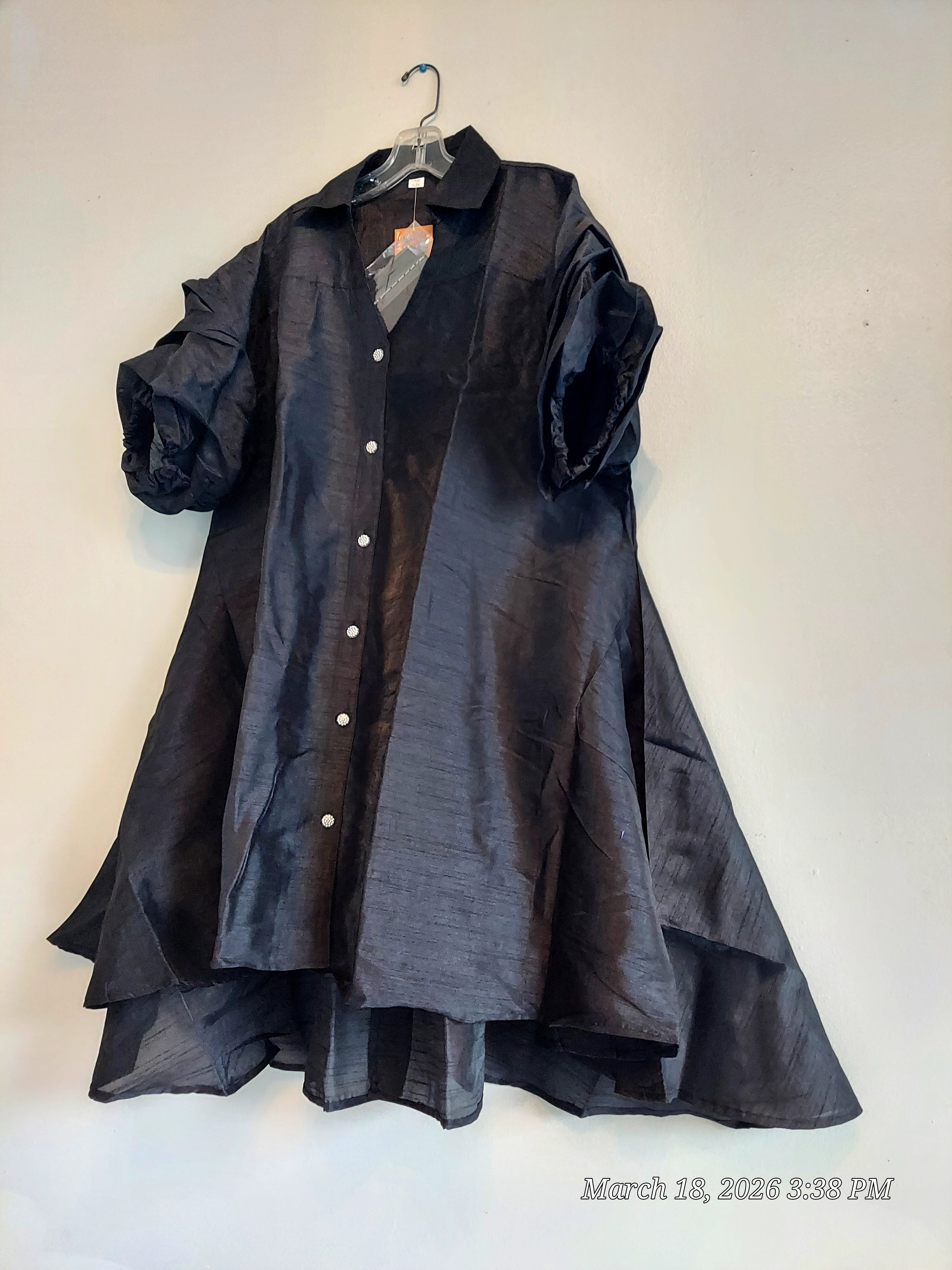 Swing Dress/ Faux Silk/ Ruffle Sleeve - 758 Black