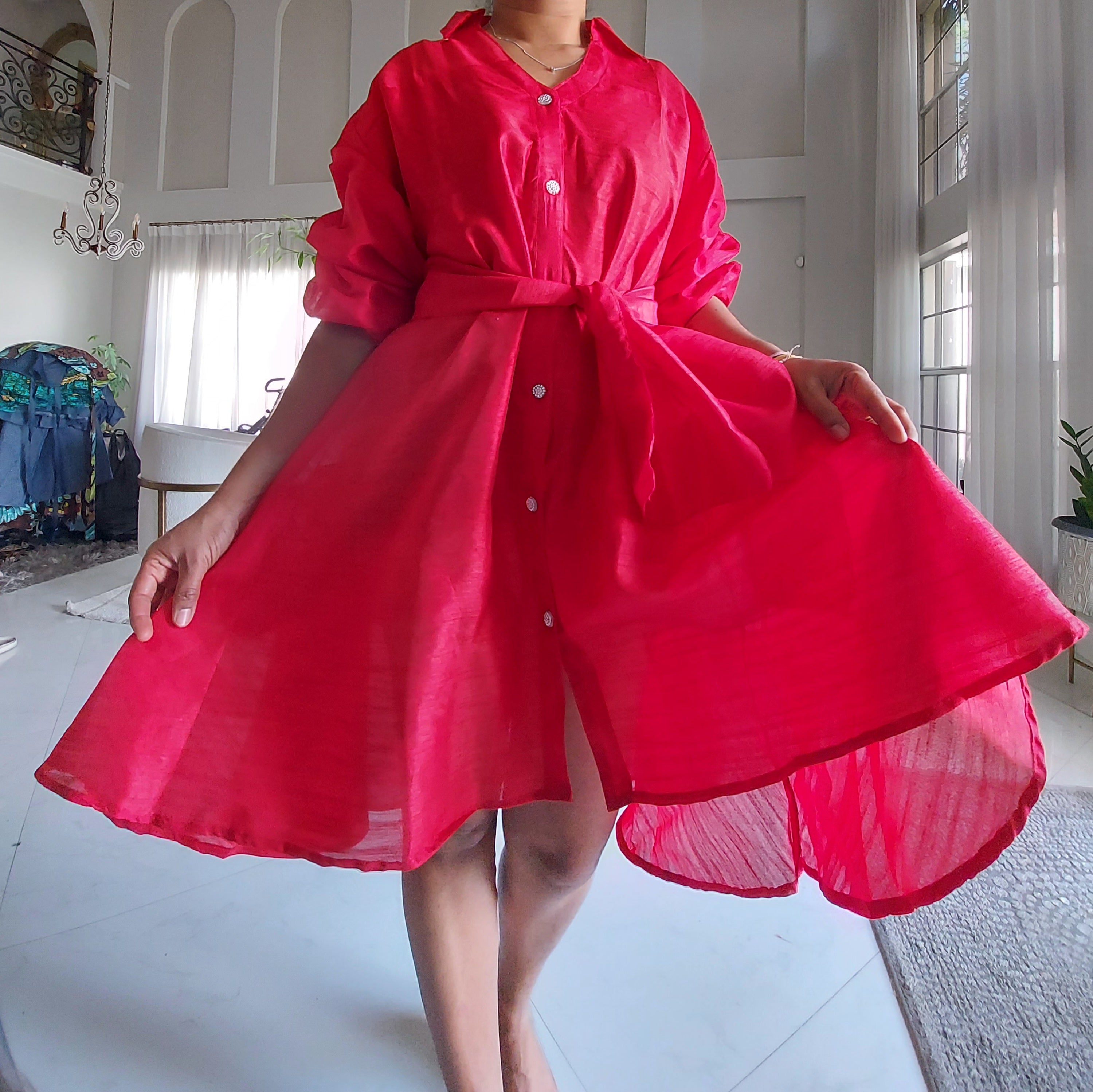Swing Dress/ Faux Silk/ Ruffle Sleeve - 758 Red