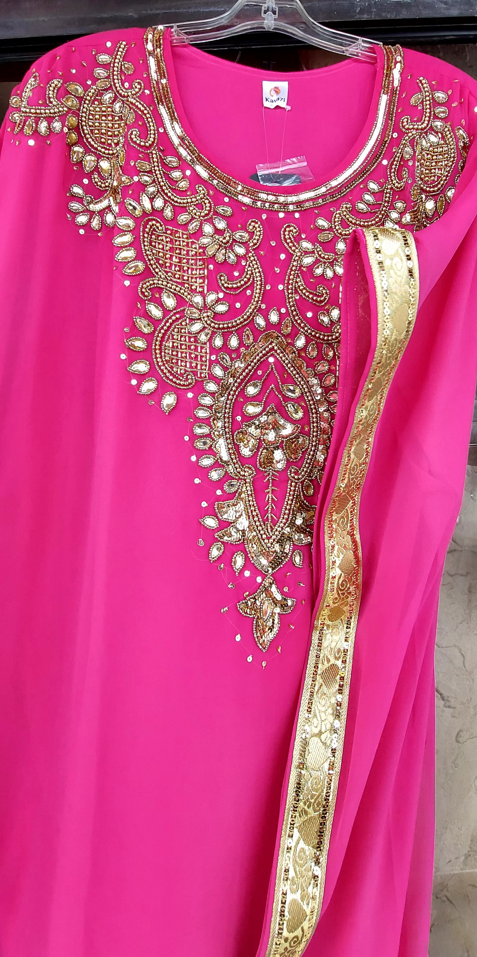 Beaded kaftan Dress With Gold Border Fuchsia 103