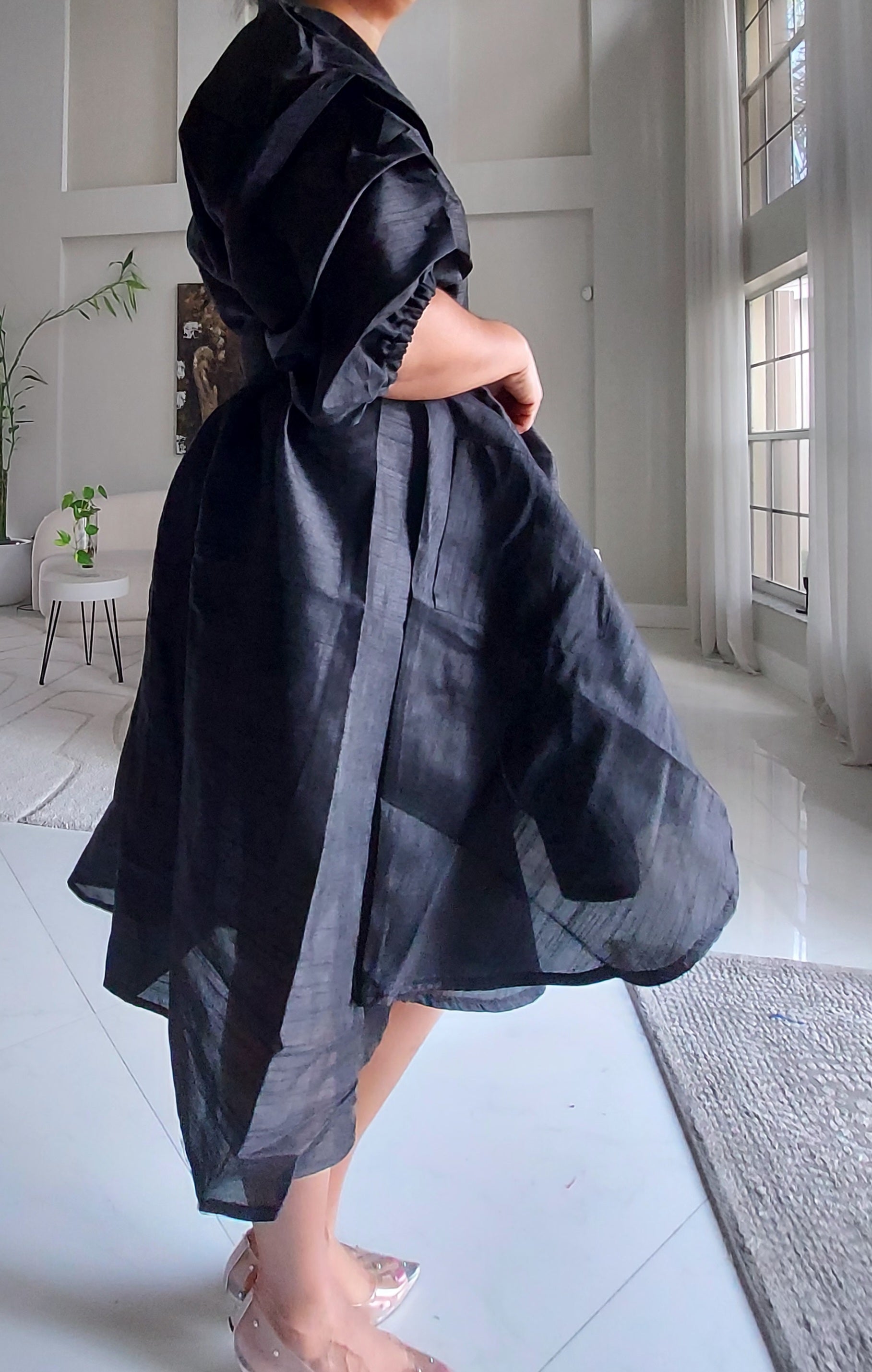 Swing Dress/ Faux Silk/ Ruffle Sleeve - 758 Black