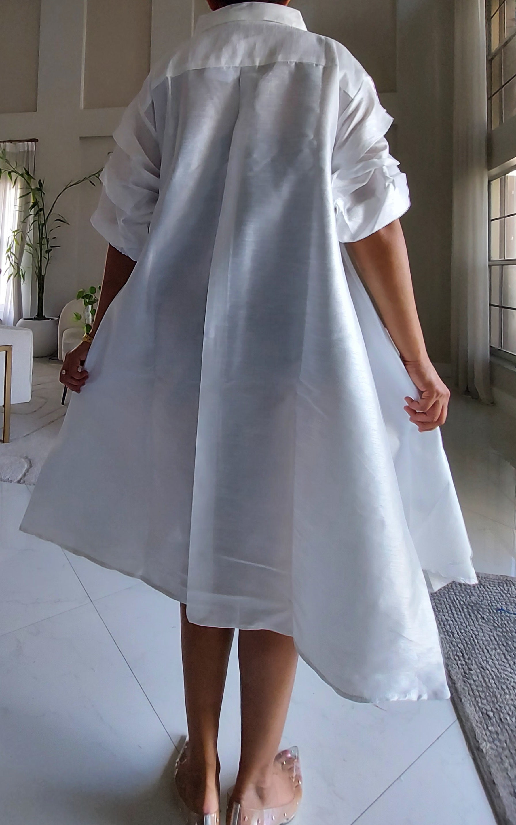 Swing Dress/ Faux Silk/ Ruffle Sleeve - White 758