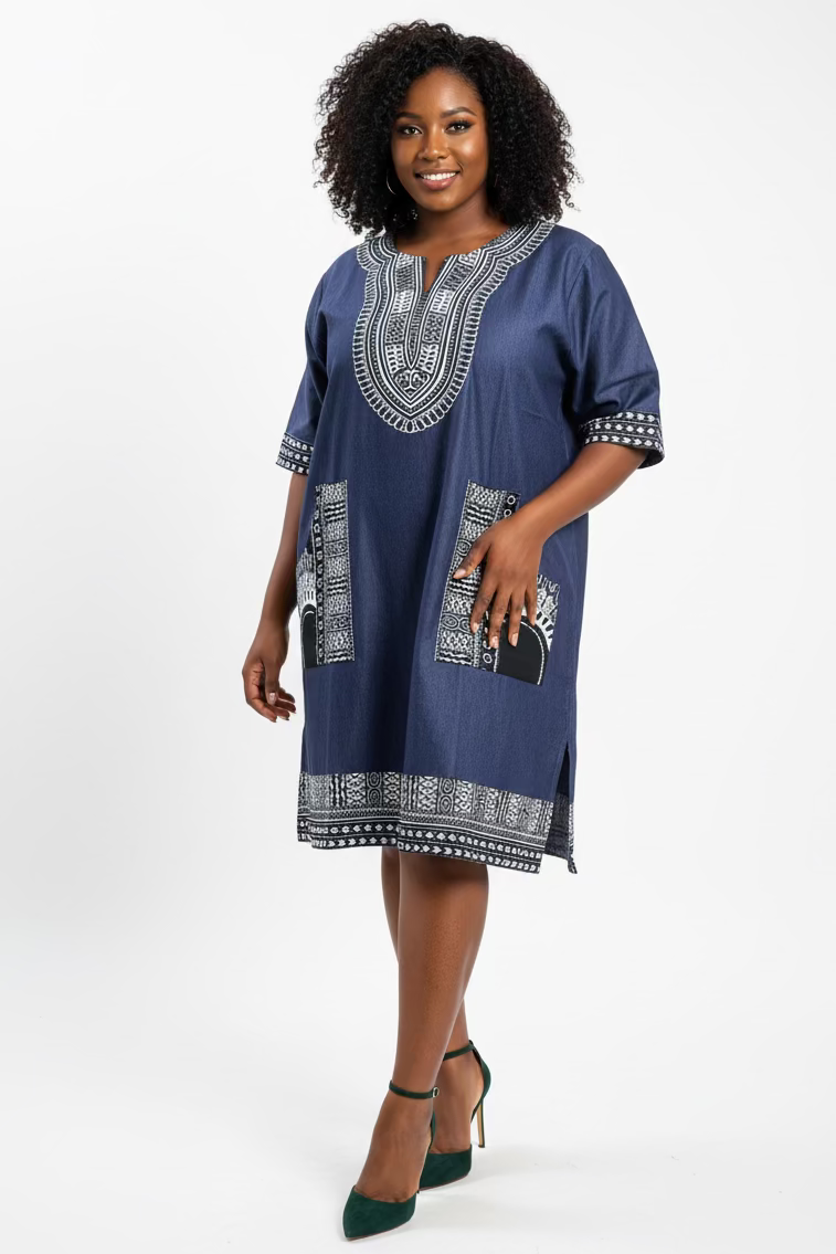 Denim/Dashiki Top/ Dress- Missy Dark Green 105